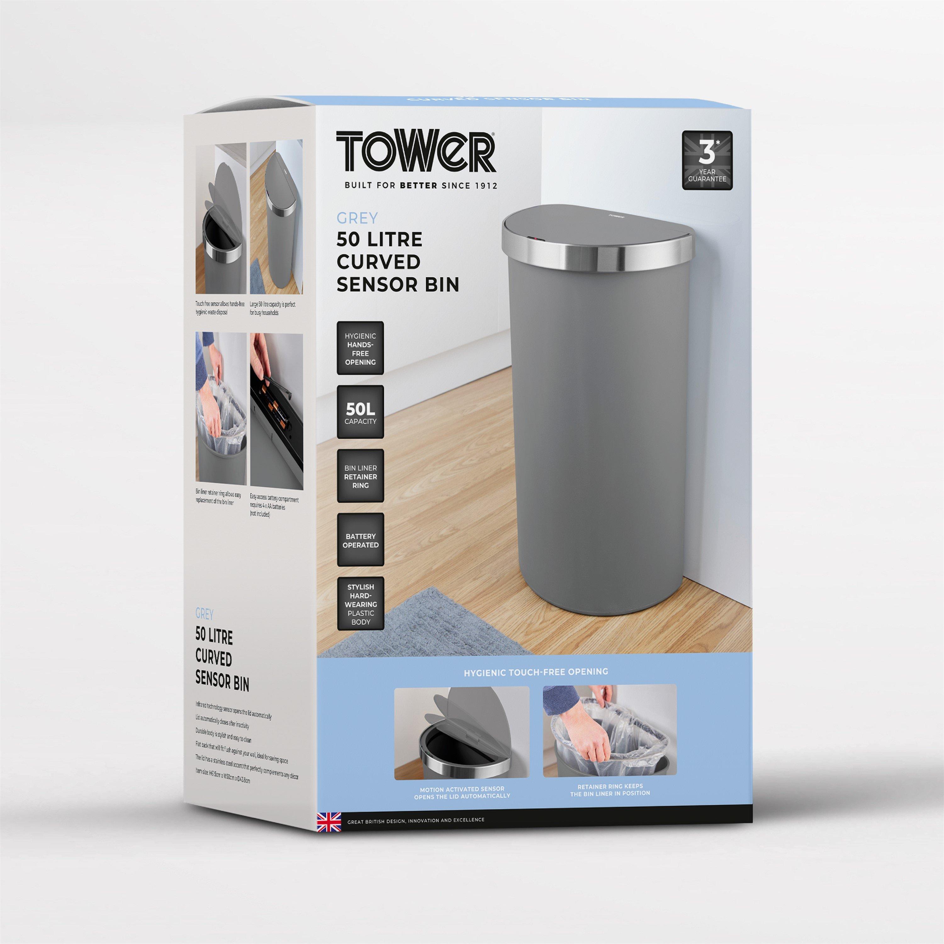 Grey - Tower - 50L Curved Sensor Bin Grey - 7