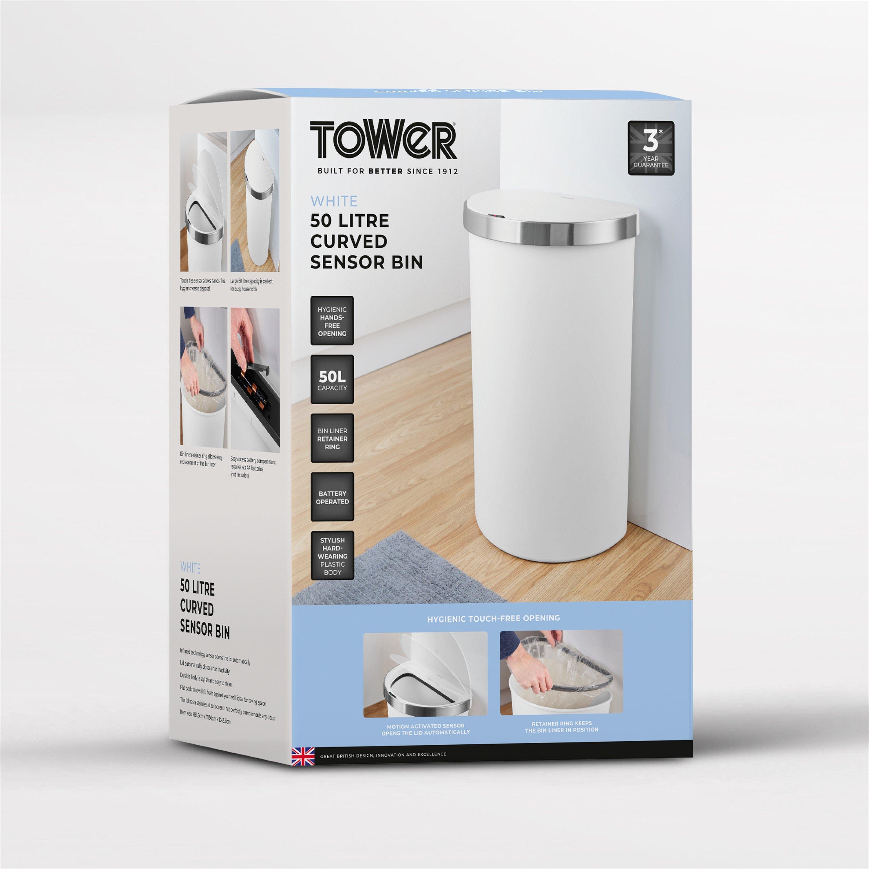White - Tower - 50L Curved Sensor Bin White - 8