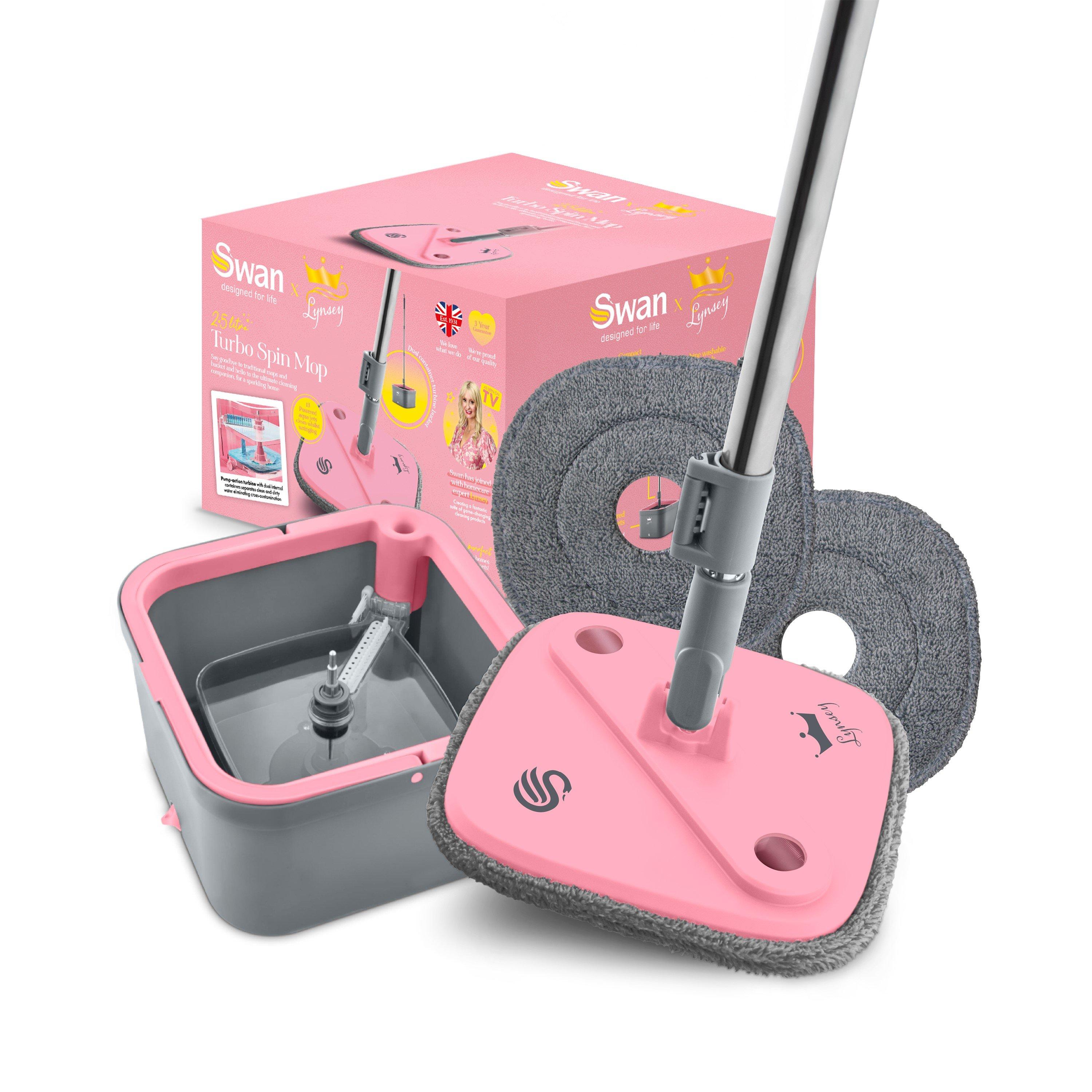 Swan x Lynsey TV's Queen of Clean Turbo Spin Mop, Clean and Dirty Water Separation, Effortless Wringing, 2 x Washable Microfibre Pads, Collapsible Handle, Ergonomic Design, Pink & Grey, SWFC1002QOCN - Image 3