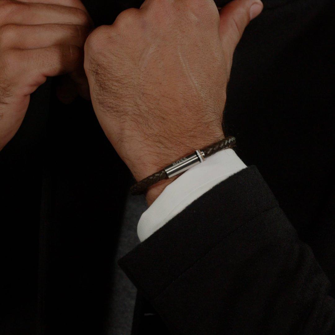 Silver - Boss - Men's Ares Single Braided Leather Bracelet - 3