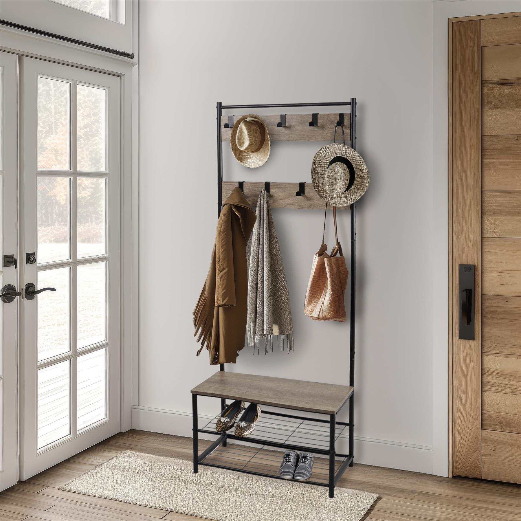 House Of Home Unisex Brown Coat Rack Stand With Shoe Storage Bench 9 Hooks Rustic Light Entrance Hall - Image 6