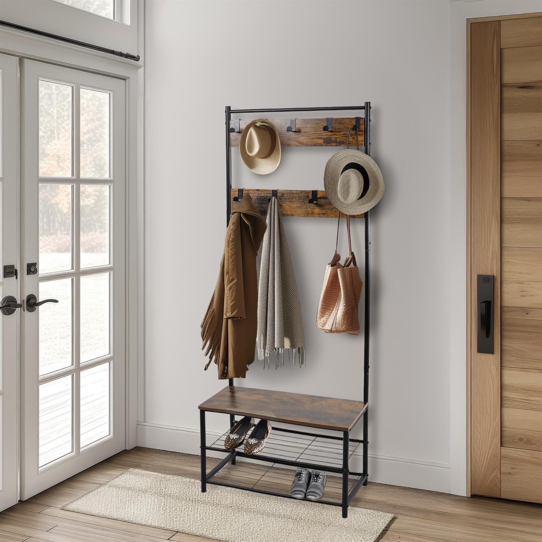 House Of Home Unisex Brown Coat Rack Stand With Shoe Storage Bench 9 Hooks Rustic Entrance Hall - Image 6