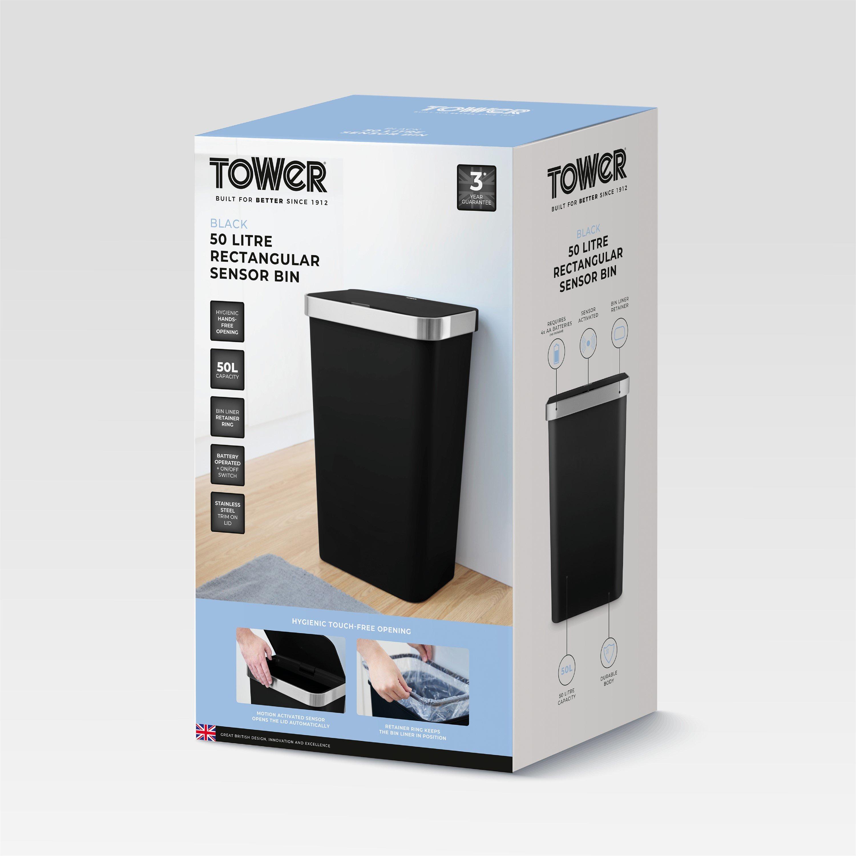Black - Tower - 50L Rectangular ABS Sensor Bin - 8