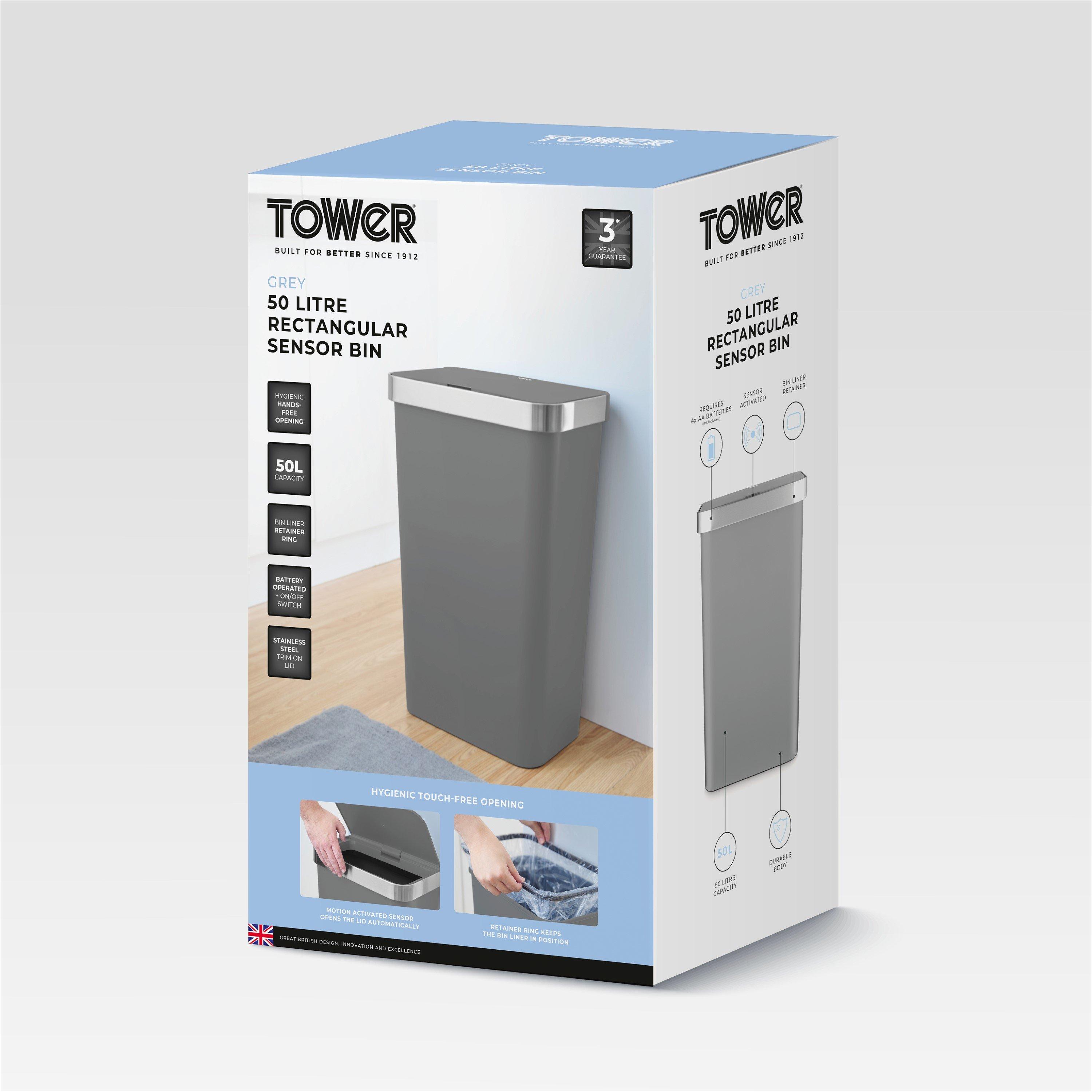 Grey - Tower - 50L Rectangular ABS Sensor Bin - 8