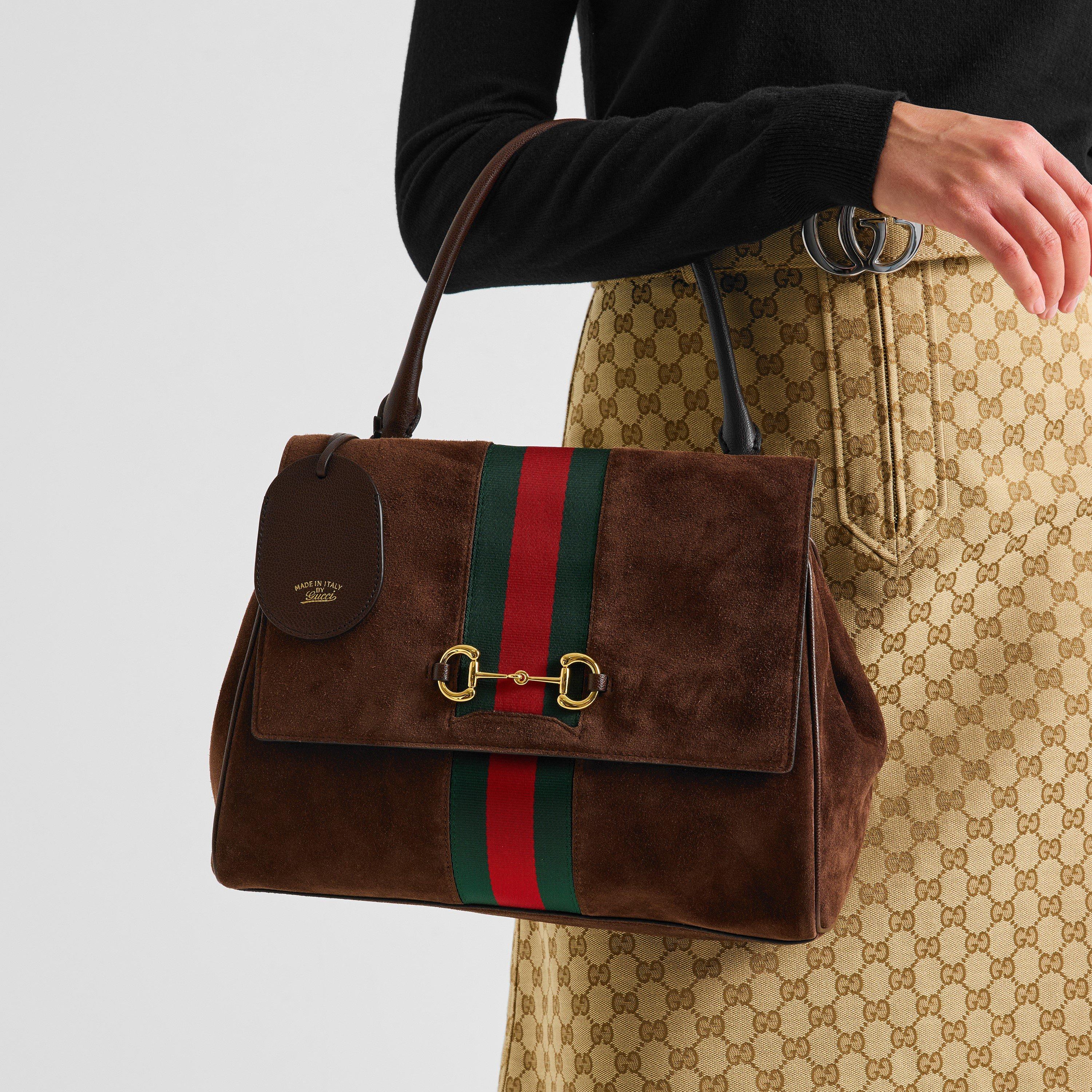 Trop Brown - Gucci - Women's Horsebit Web Suede Top Handle Bag - 3