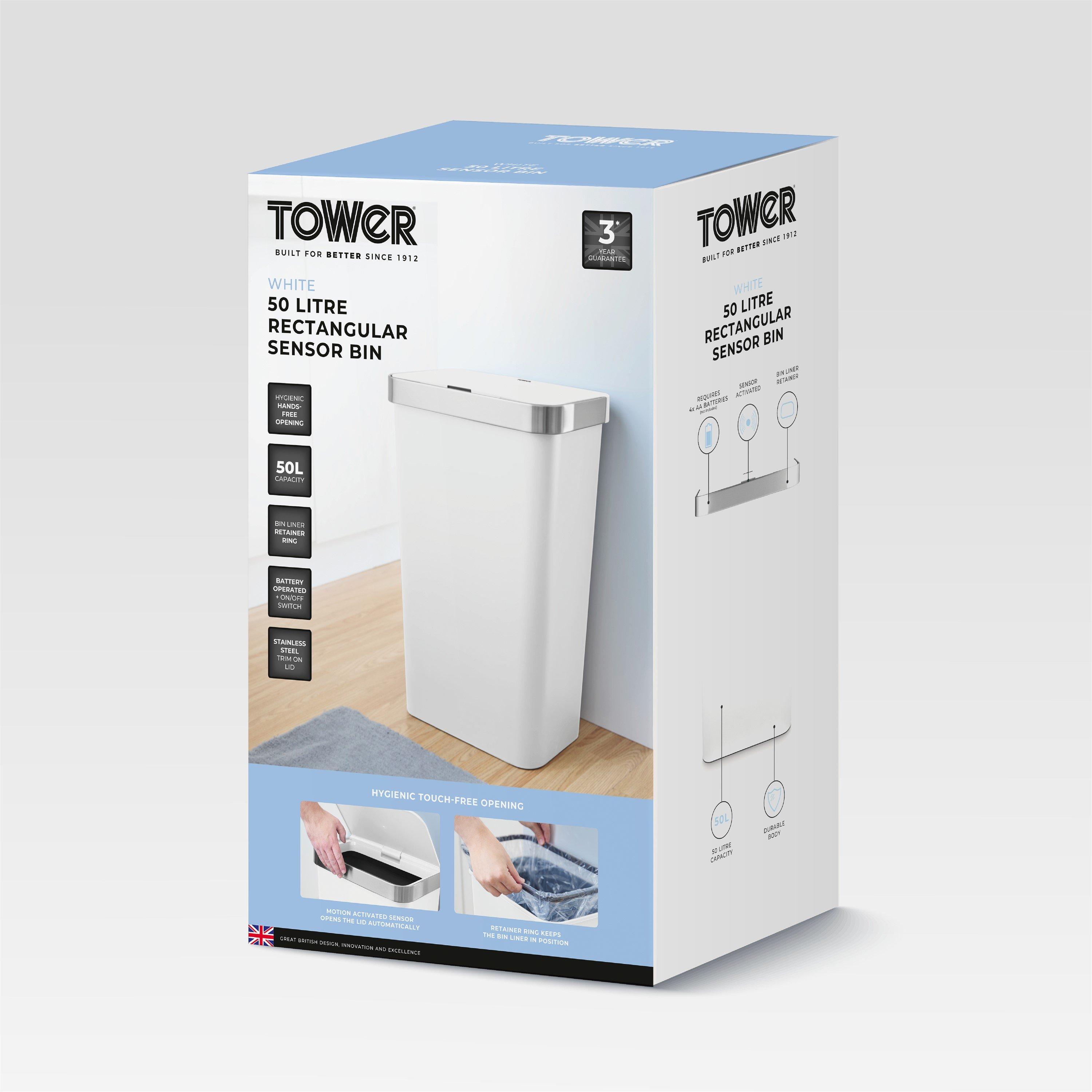 White - Tower - 50L Rectangular ABS Sensor Bin - 8