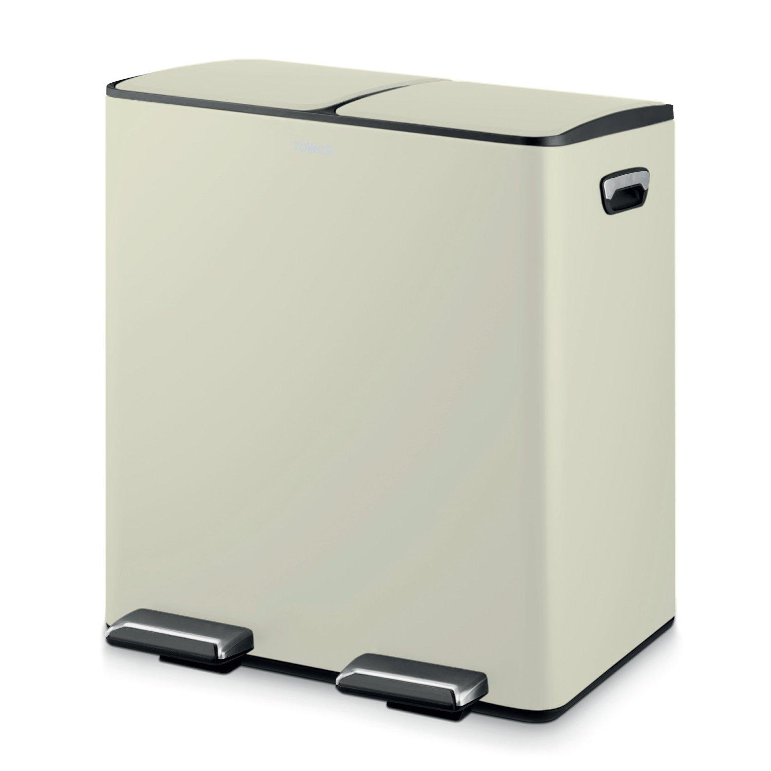 Tower Recycling Pedal Bin, Two 20L Compartments with Inner Buckets, Carbon Steel Body, 40L, Cream - Image 3
