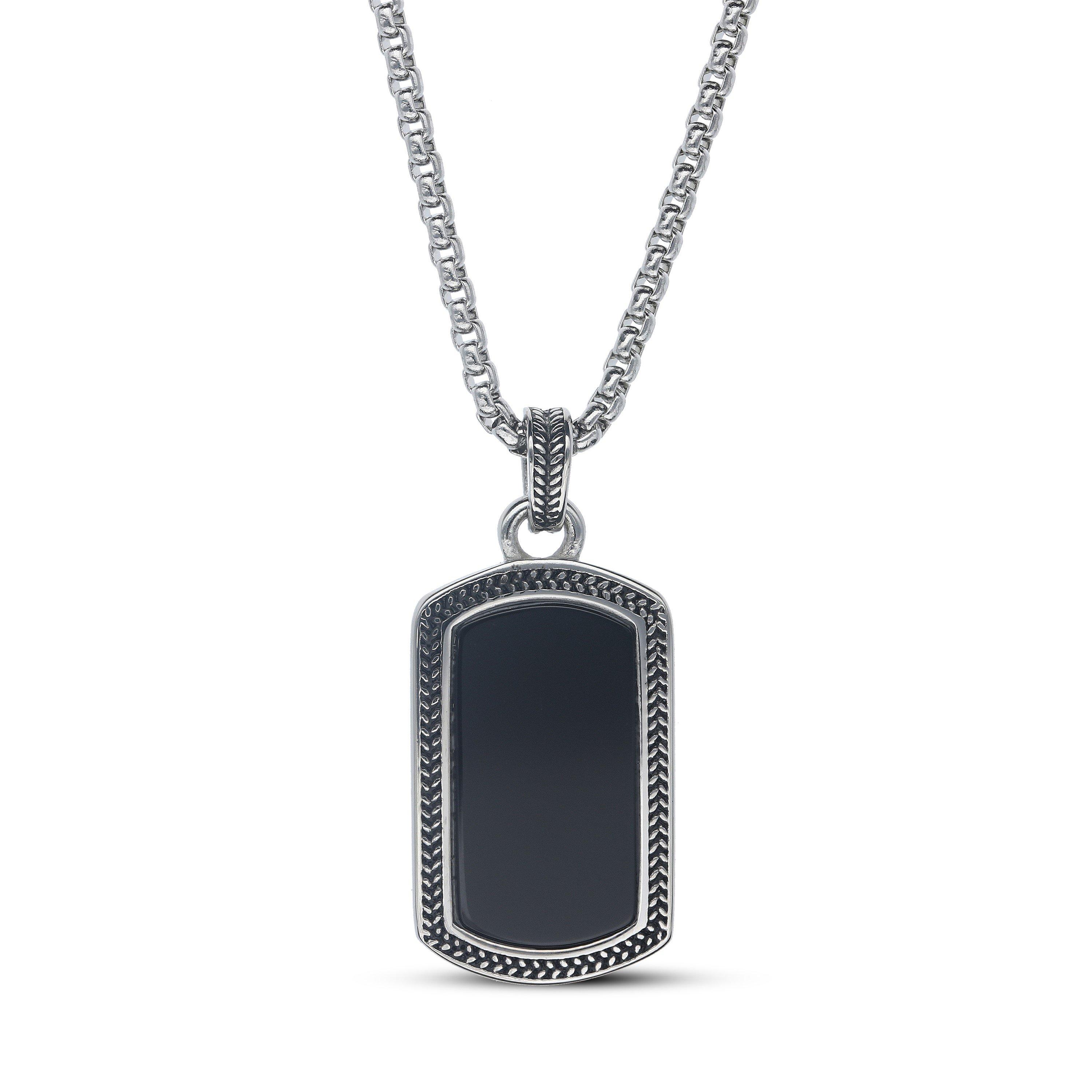Silver - Be You - Mens Stainless Steel Black Agate Dogtag Pendant