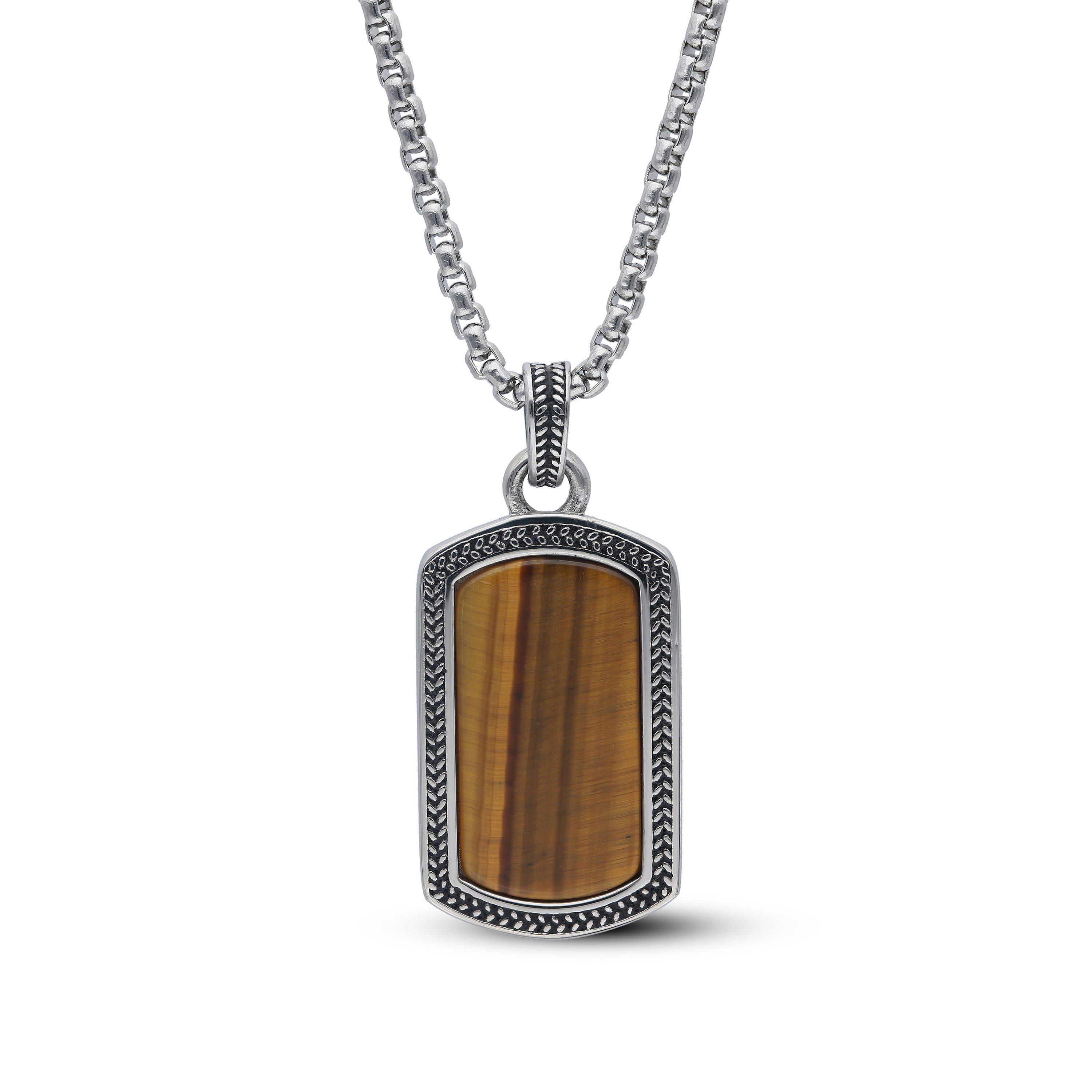 Silver - Be You - Mens Stainless Steel Tigers Eye Dogtag Pendant
