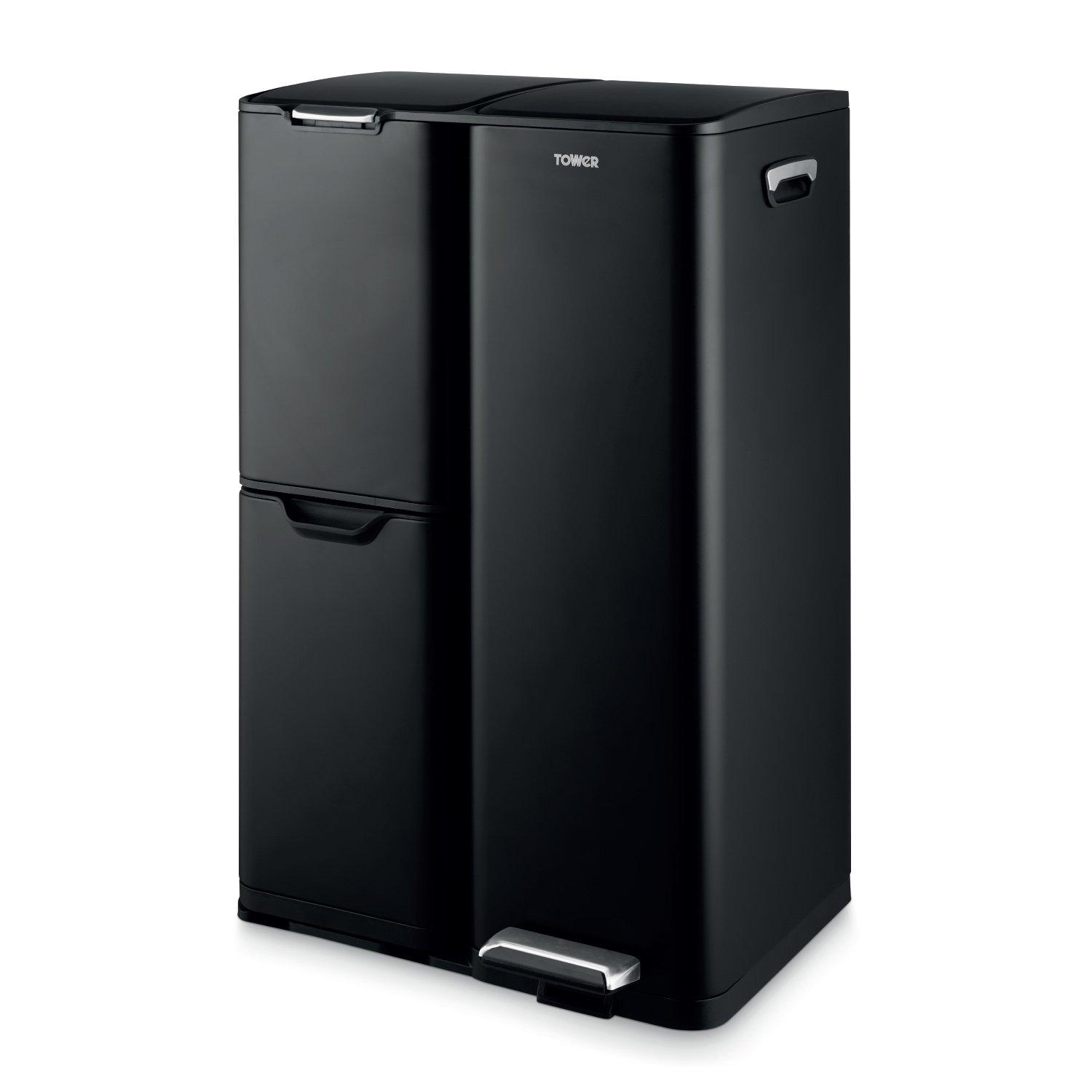 Tower Recycling Pedal Bin, Three Individual Compartments with Removable Inner Buckets, Carbon Steel Body, 60L, Black - Image 9
