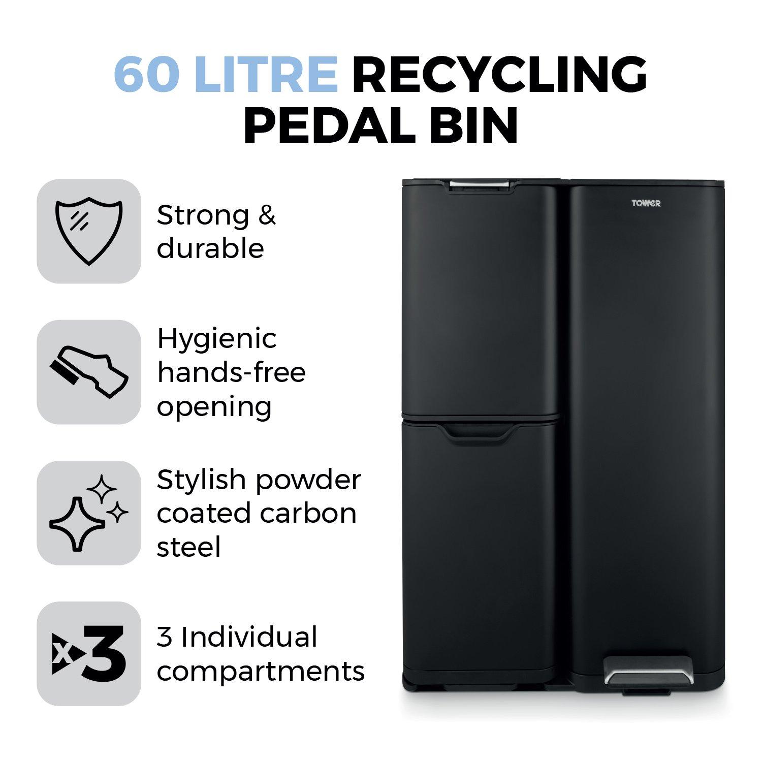 Black - Tower - 60L Recycling Pedal Bin - 2