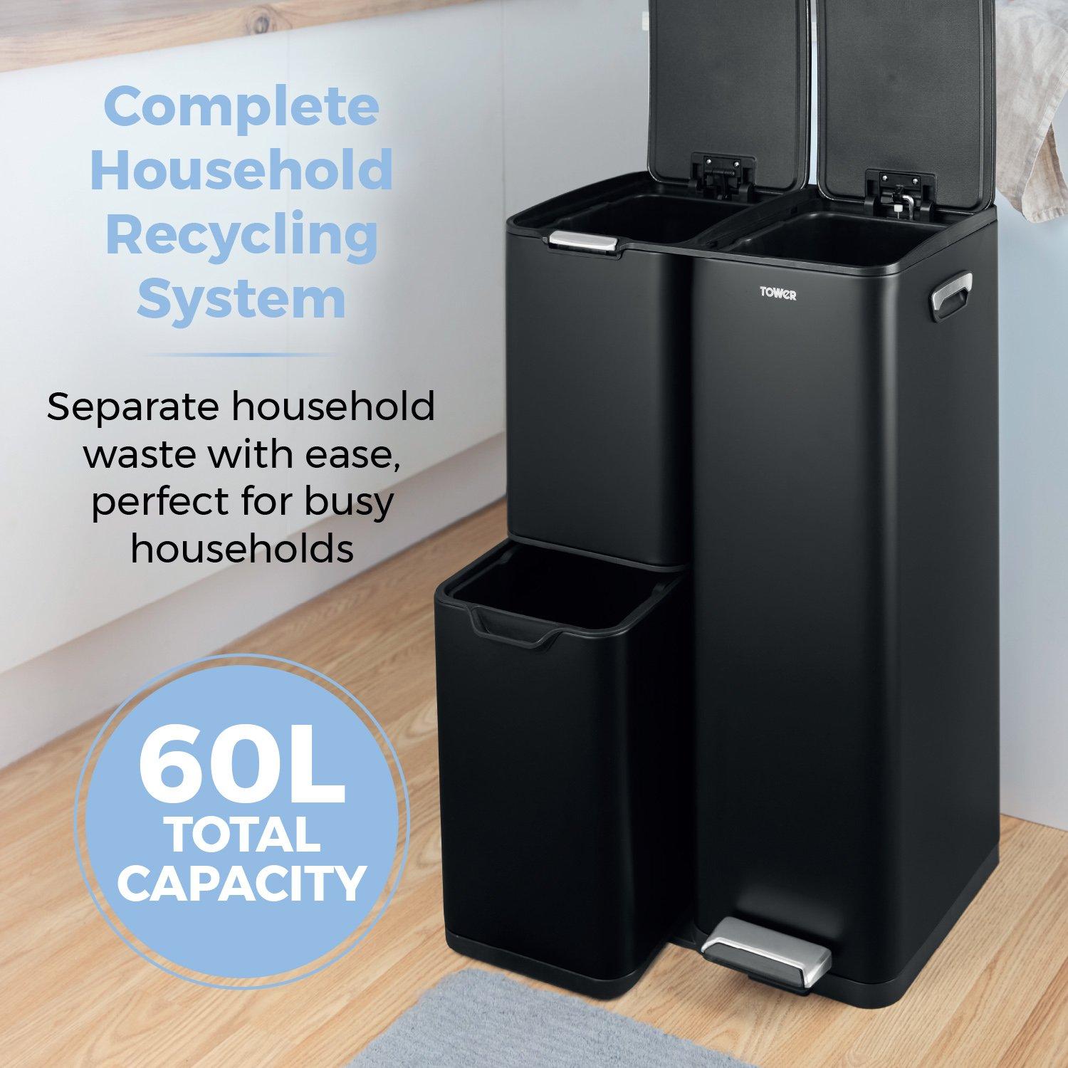 Black - Tower - 60L Recycling Pedal Bin - 3