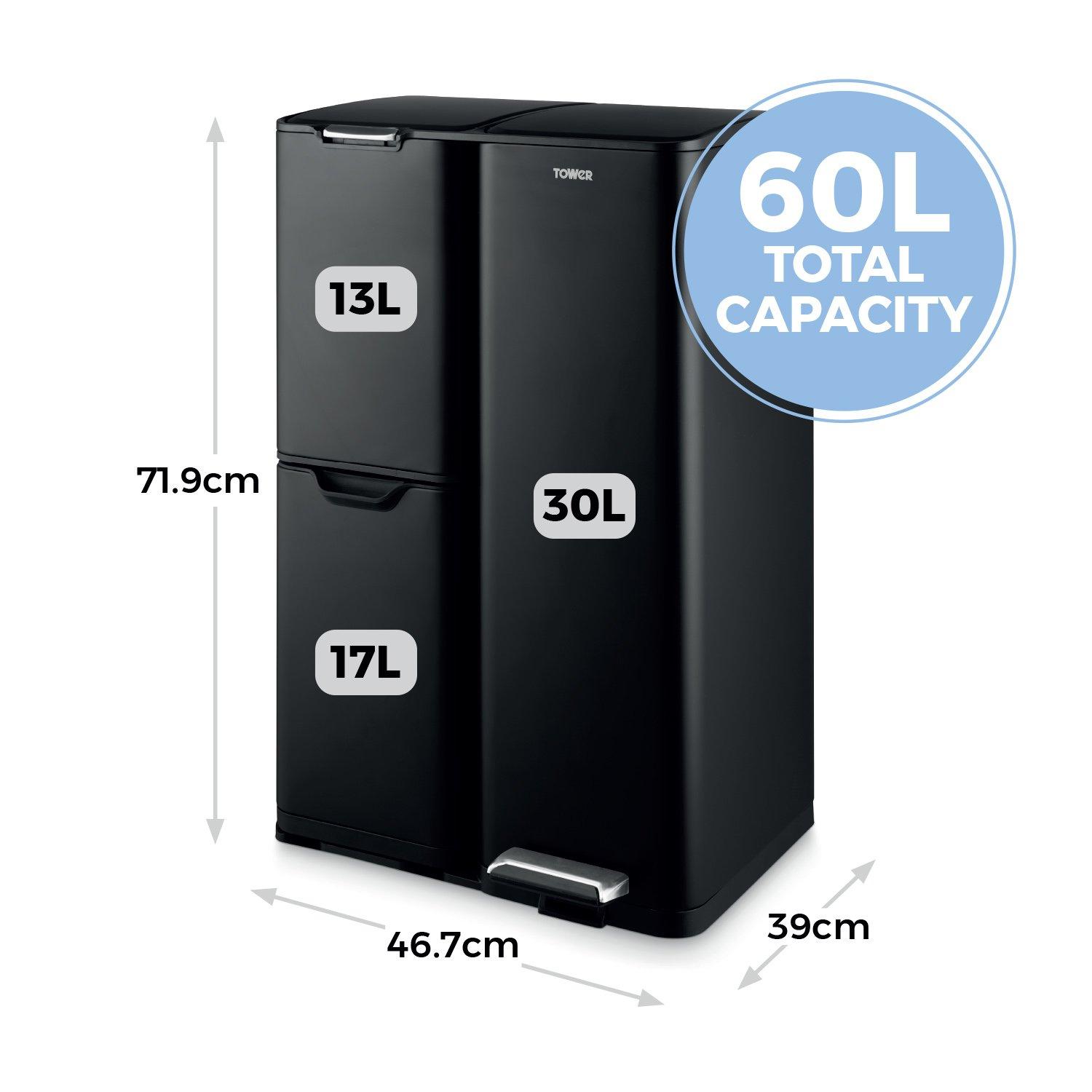 Black - Tower - 60L Recycling Pedal Bin - 6