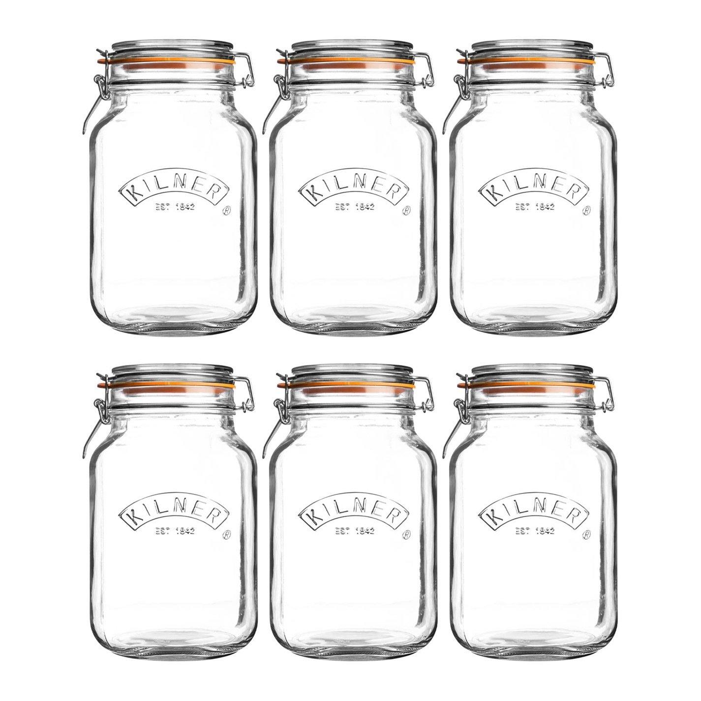Clear - Kilner - 1.5 Litre Clip Top Square Jars x6 - 1