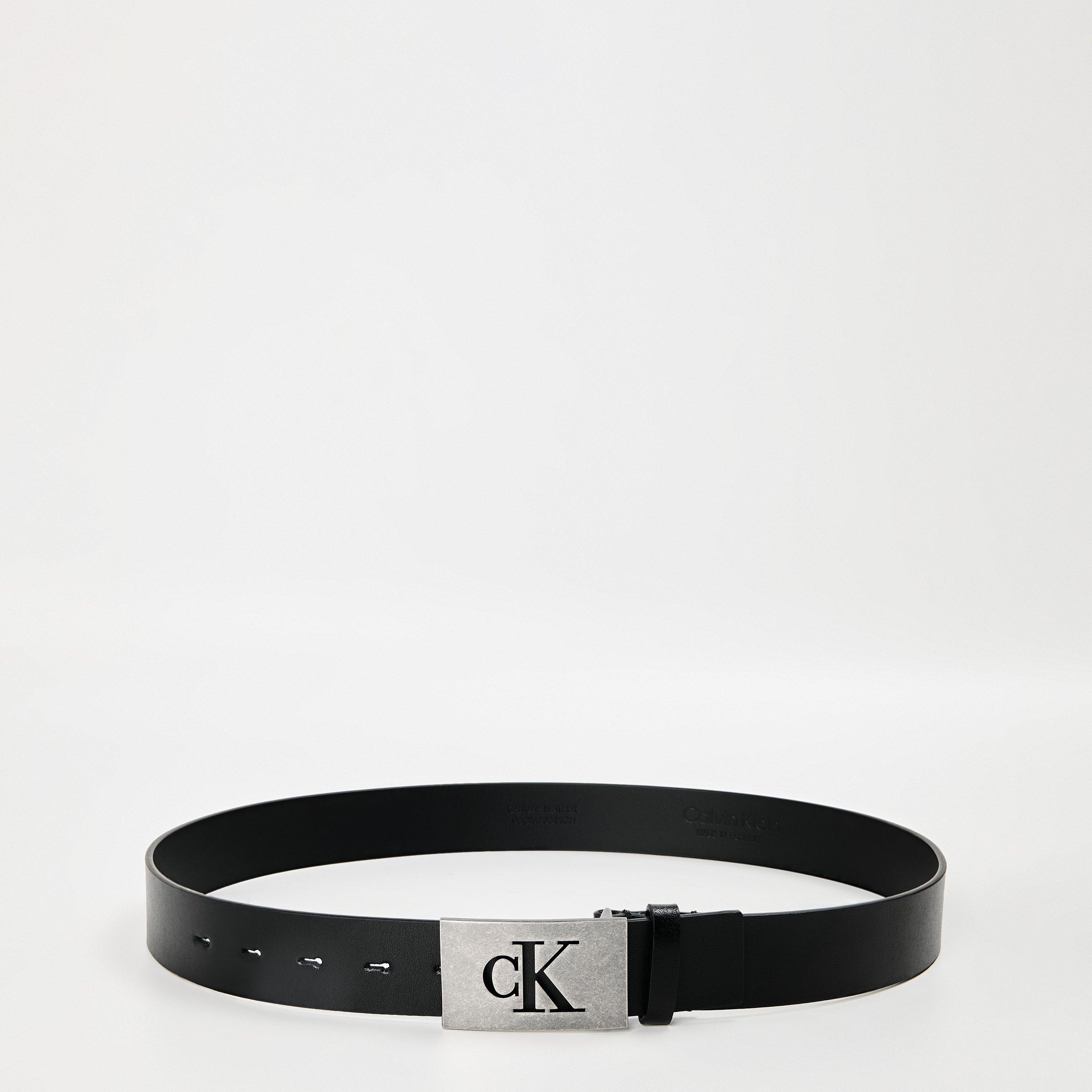 Calvin Klein Men's Smooth Plaque Leather Belt - Black/Silver - 100