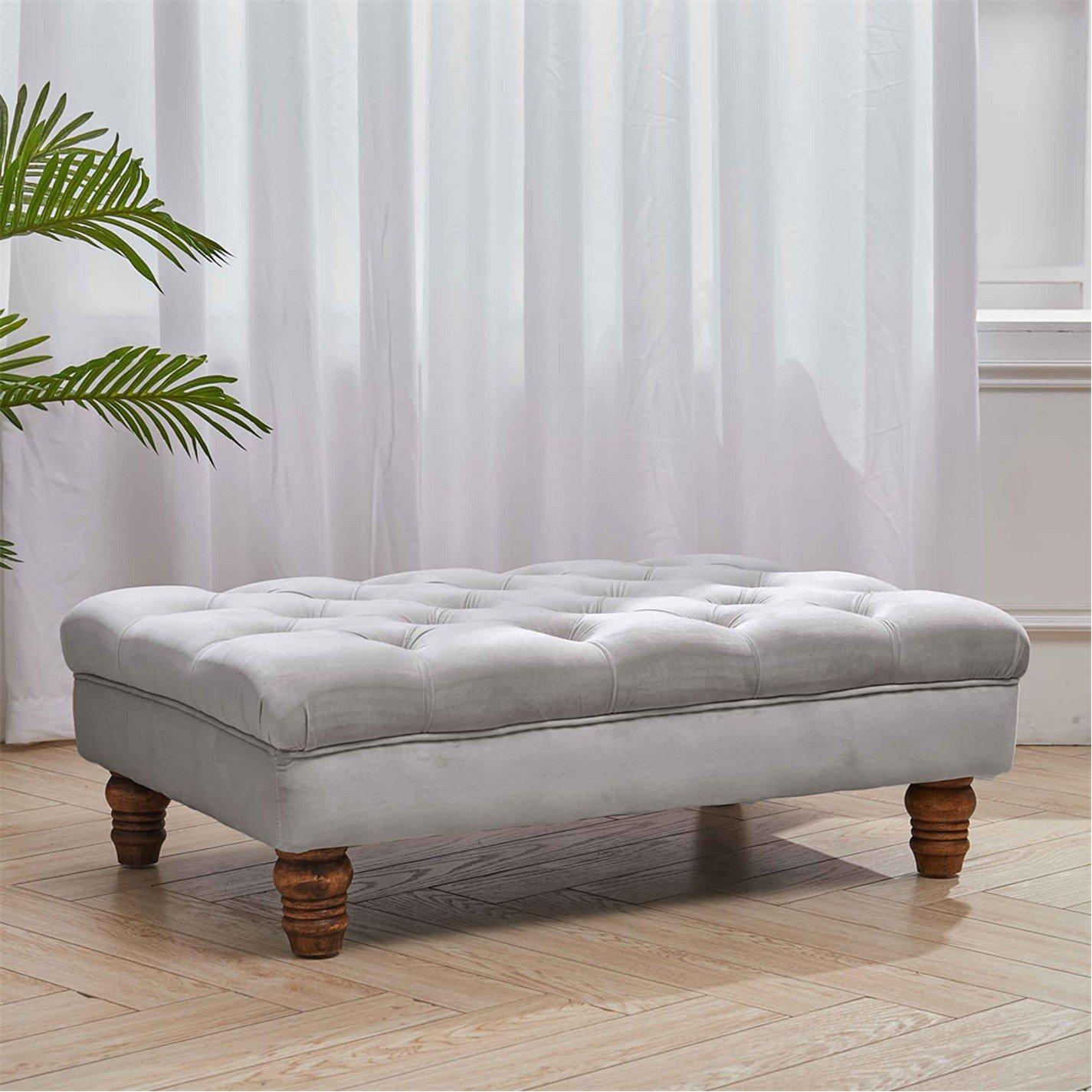 Grey - Kabinet UK - Velvet Rectangular Ottoman Footstool Light Grey - 1