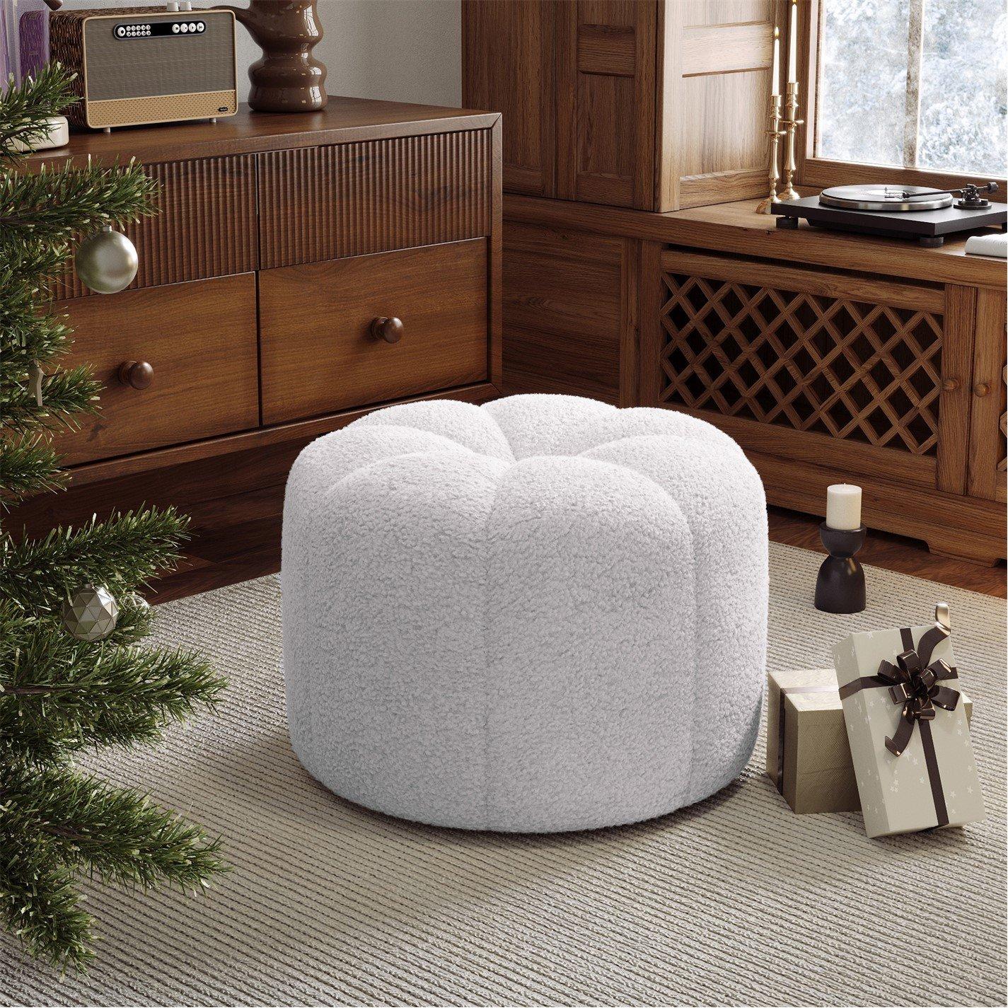 White - Kabinet UK - White Round Shape Teddy Fabric Footstool - 1