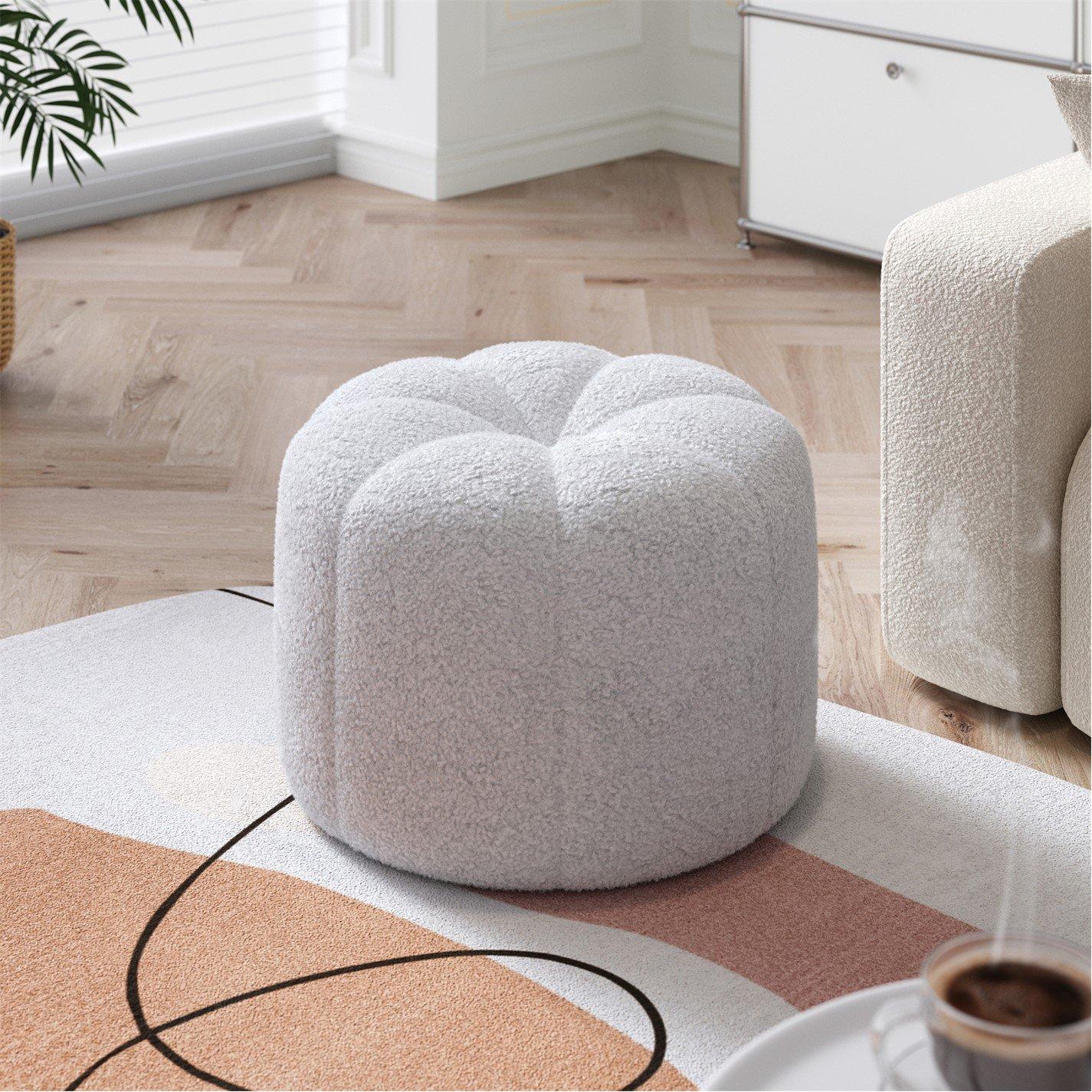 White - Kabinet UK - White Round Shape Teddy Fabric Footstool - 2