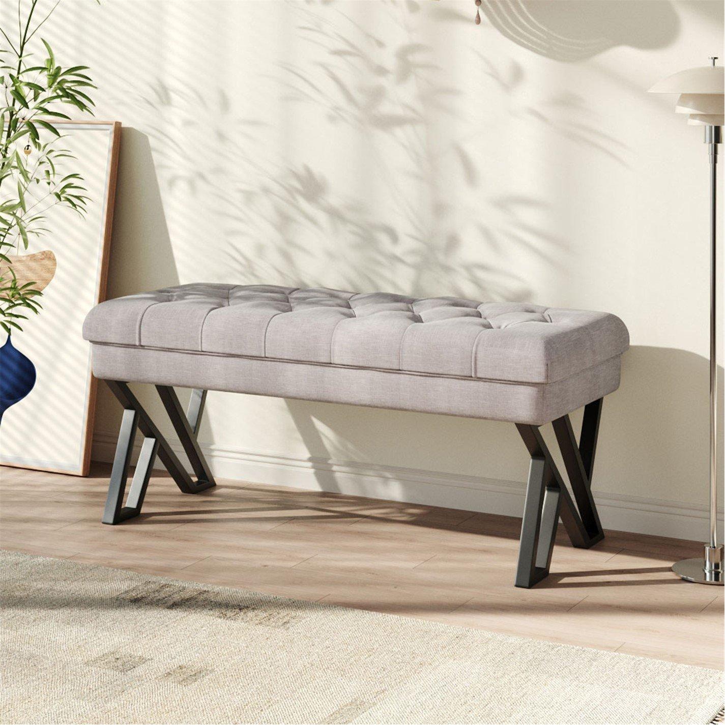 Beige - Kabinet UK - Beige Mid Century Metal Upholstered Bench - 1