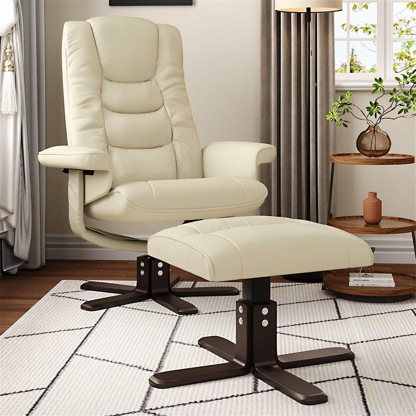 Beige - Kabinet UK - Beige Upholstered Recliner Chair with Footstool - 1