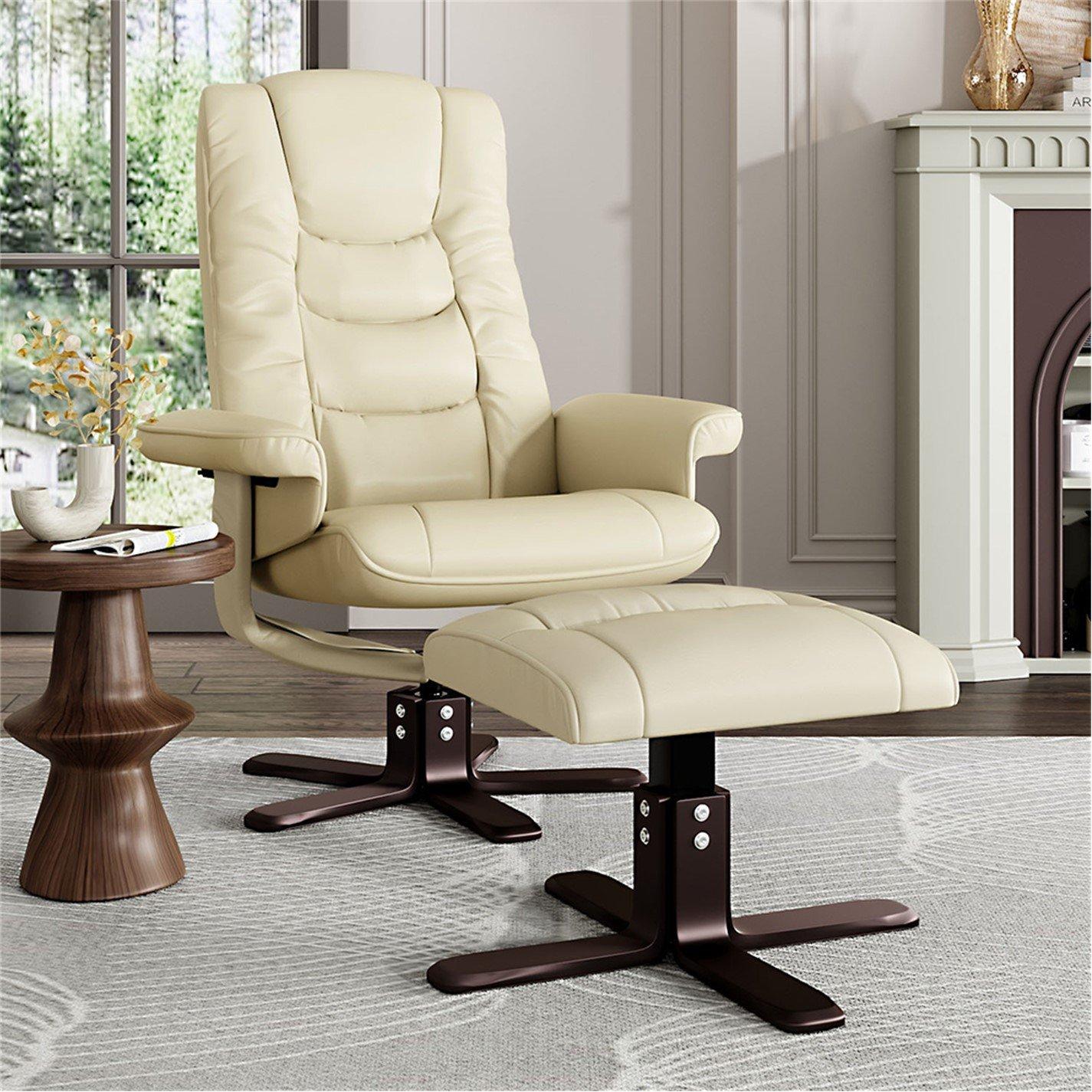 Beige - Kabinet UK - Beige Upholstered Recliner Chair with Footstool - 2