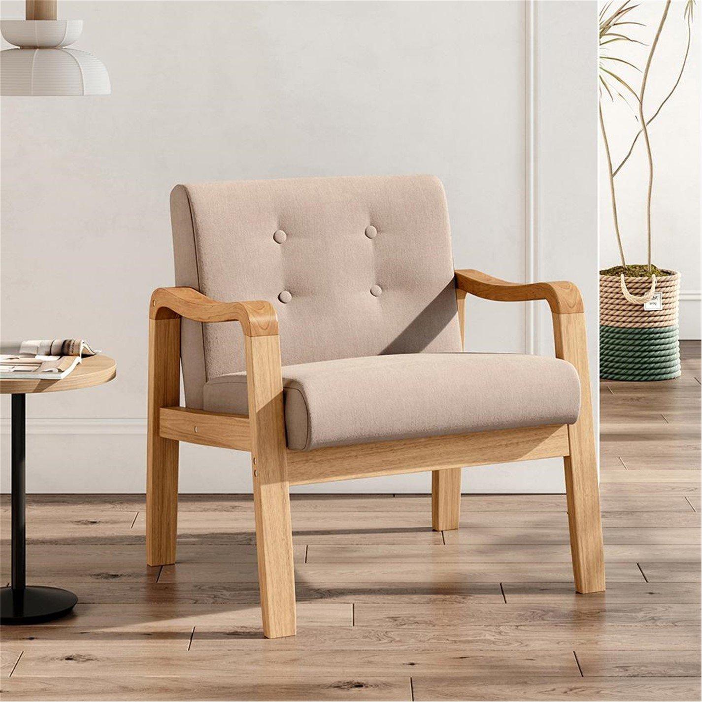 Beige - Kabinet UK - Beige Modern Wood Frame Upholstered Armchair - 1