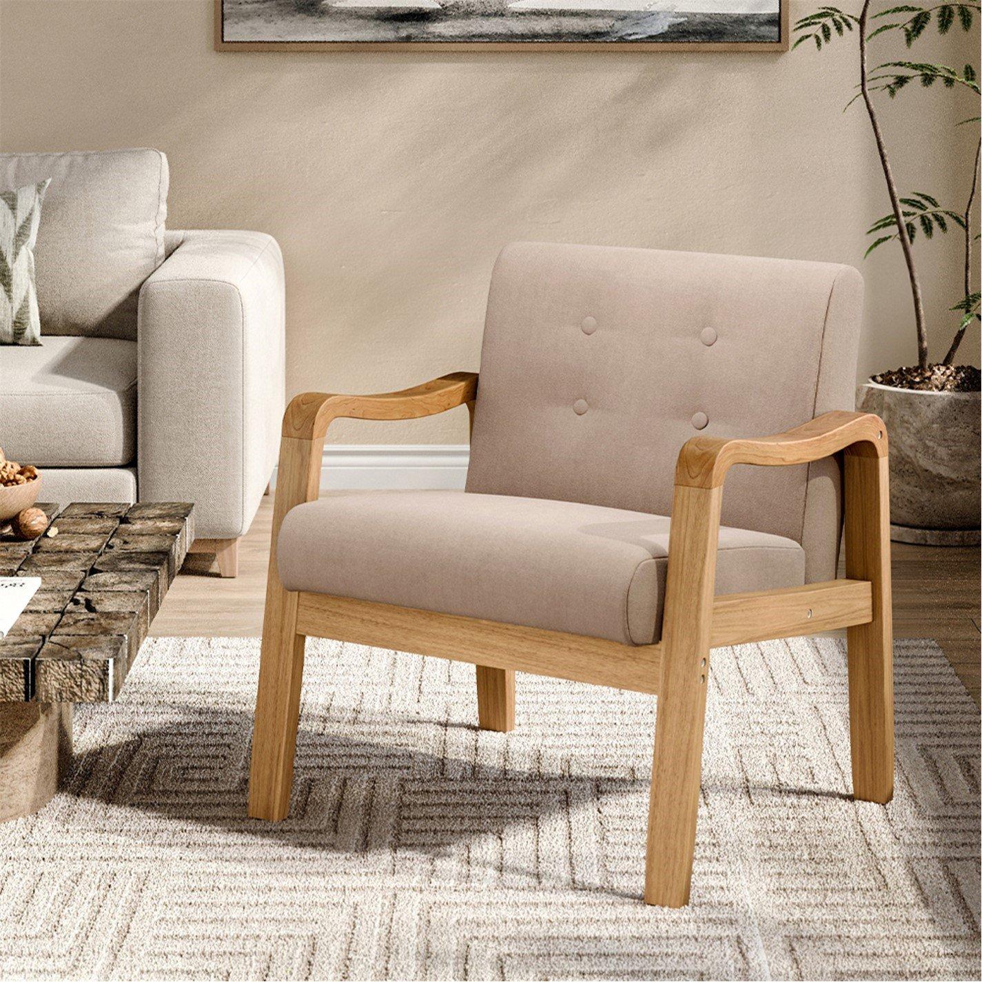 Beige - Kabinet UK - Beige Modern Wood Frame Upholstered Armchair - 2
