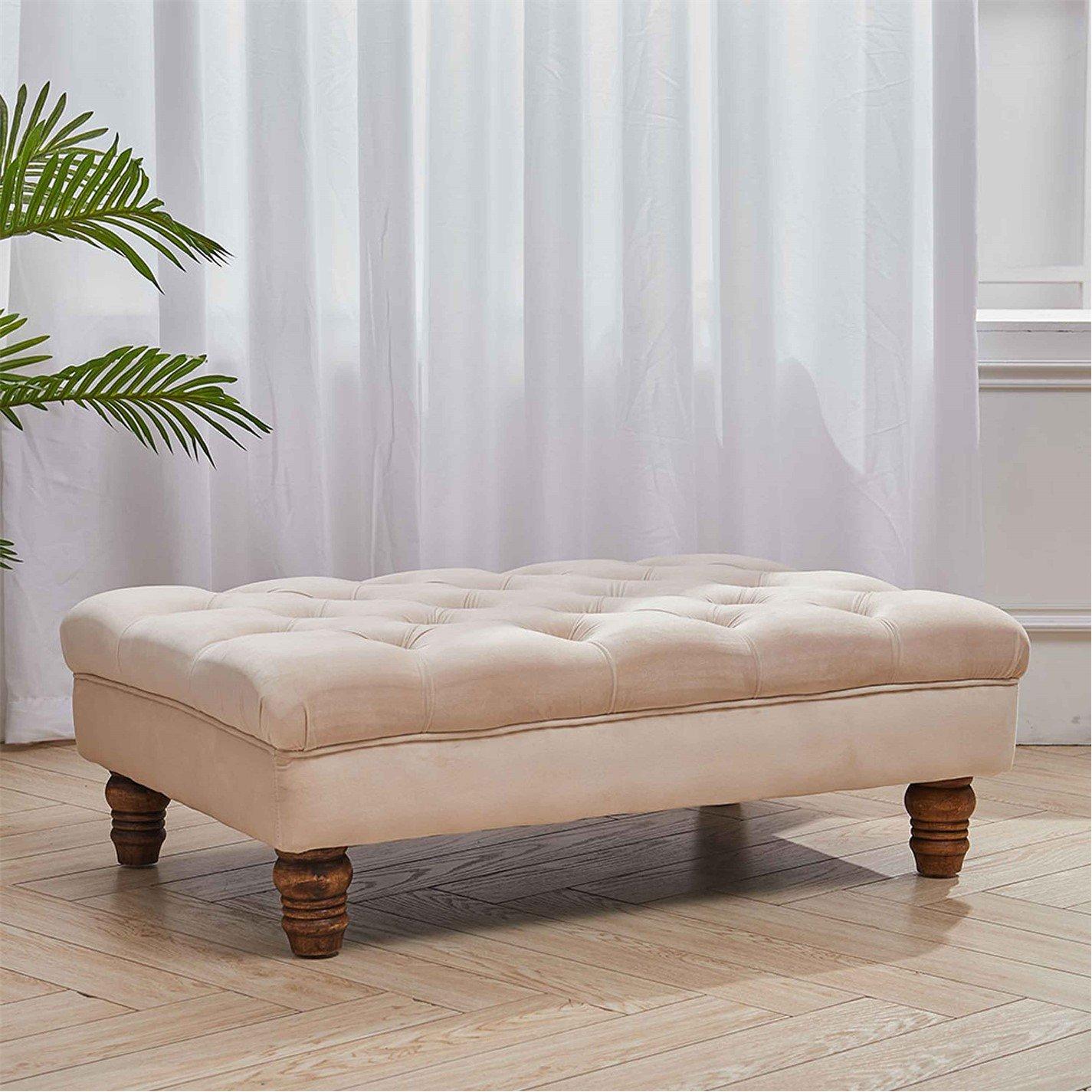 Beige - Kabinet UK - Velvet Rectangular Ottoman Footstoo Beige - 1