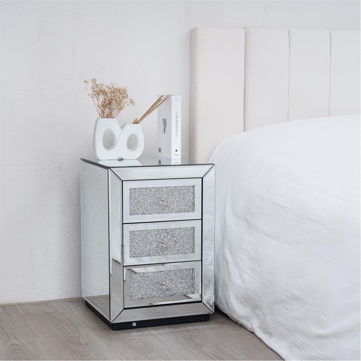 Mirror - Comfy Living - Diamond Crystal Mirrored 3 Drawer Bedside Table - 1
