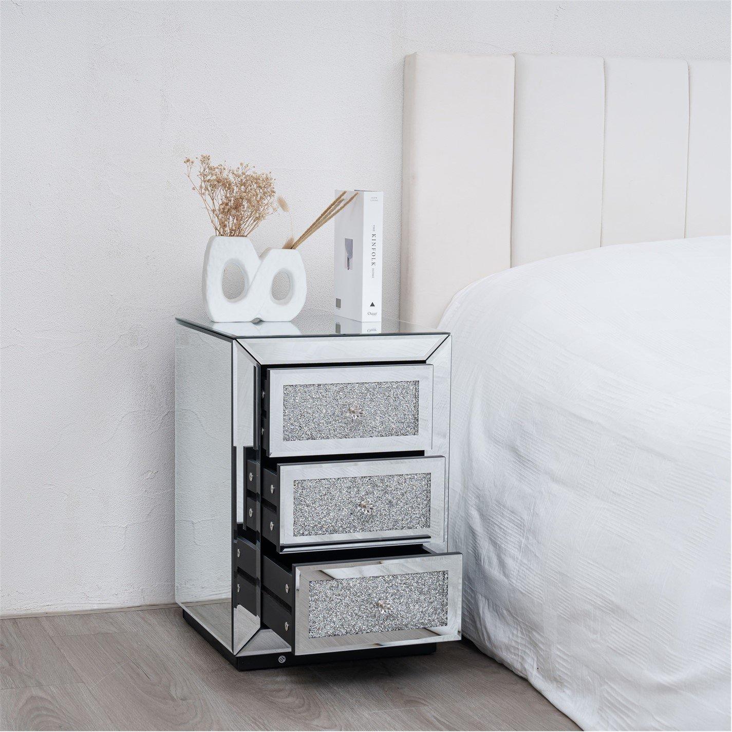 Mirror - Comfy Living - Diamond Crystal Mirrored 3 Drawer Bedside Table - 2