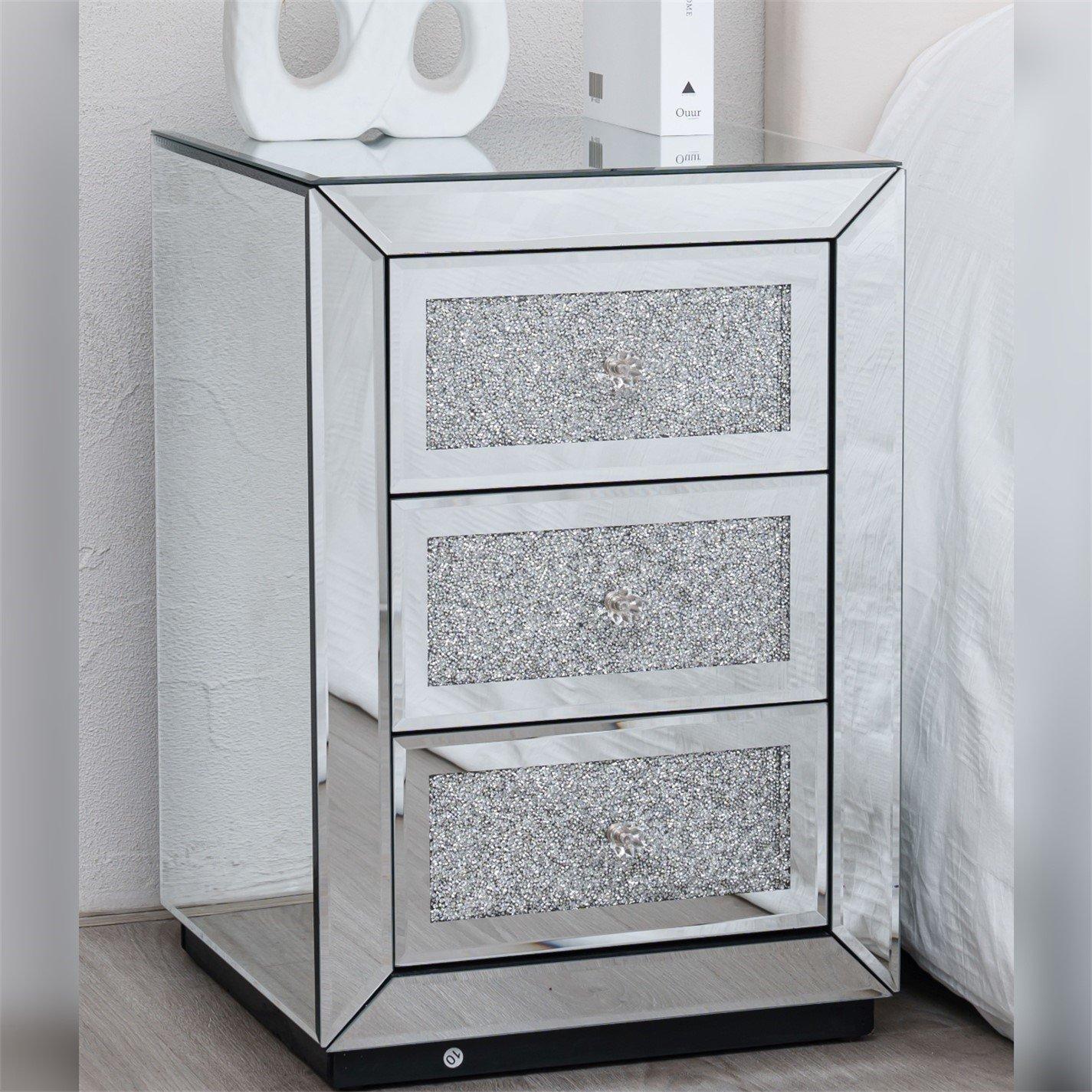 Mirror - Comfy Living - Diamond Crystal Mirrored 3 Drawer Bedside Table - 3