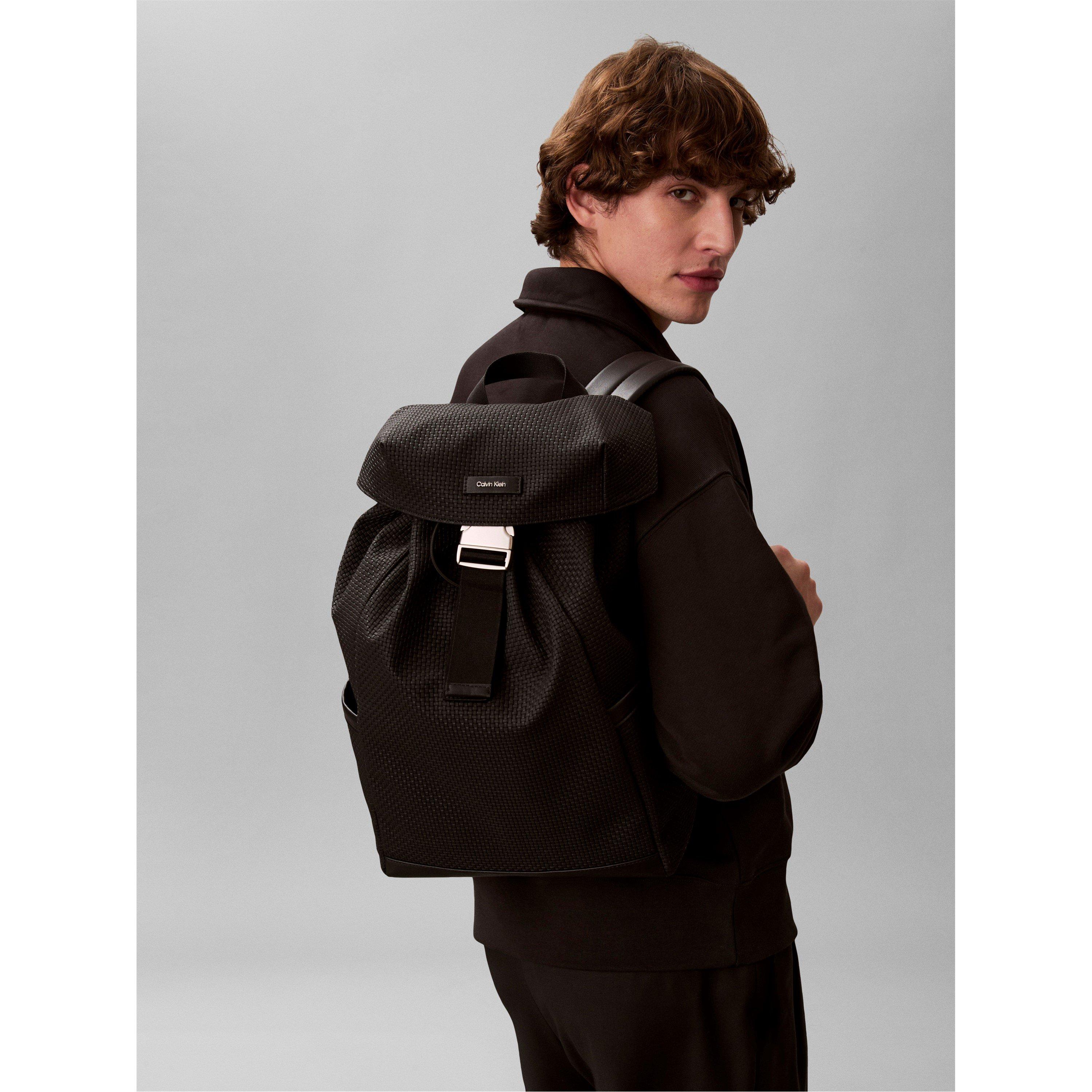 Black - Calvin Klein - Embossed Woven Flap Backpack - 5