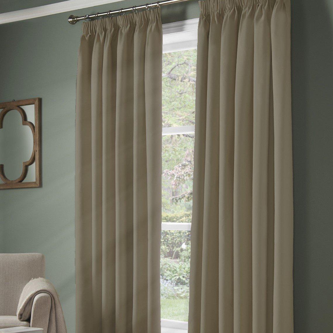 Beige - Alan Symonds - Plain 95% Blackout Pencil Pleat Taped Top Curtains