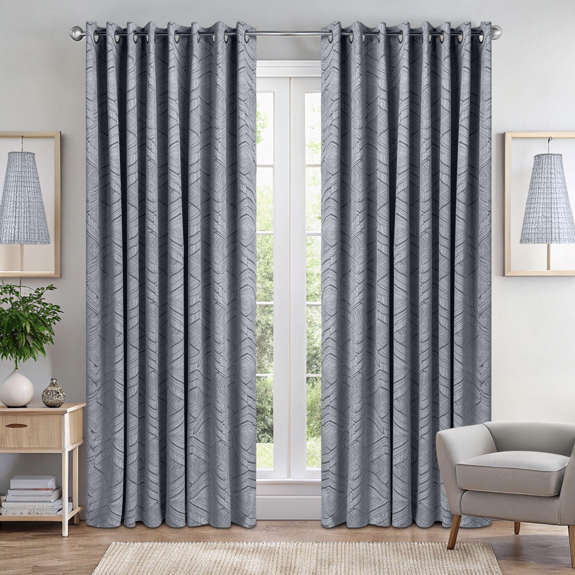 Silver - Alan Symonds - Aztec 95% Blackout Ring Top Curtains - 1