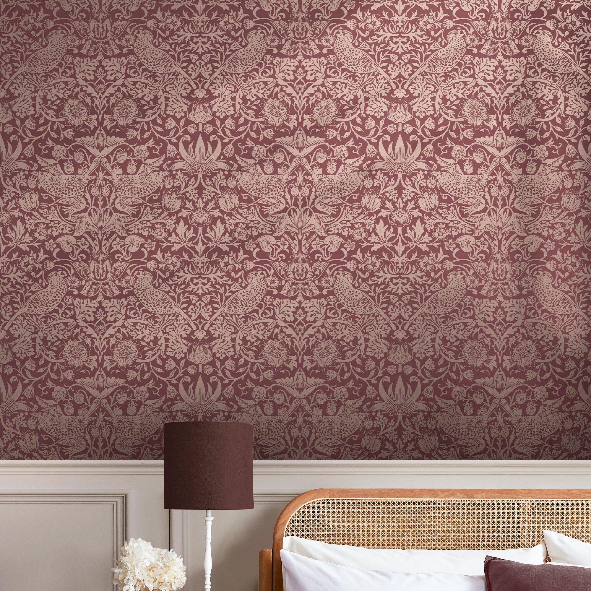 Burgundy - William Morris at Home - Strawberry Thief Fibrous Burgundy Wallpaper - 1