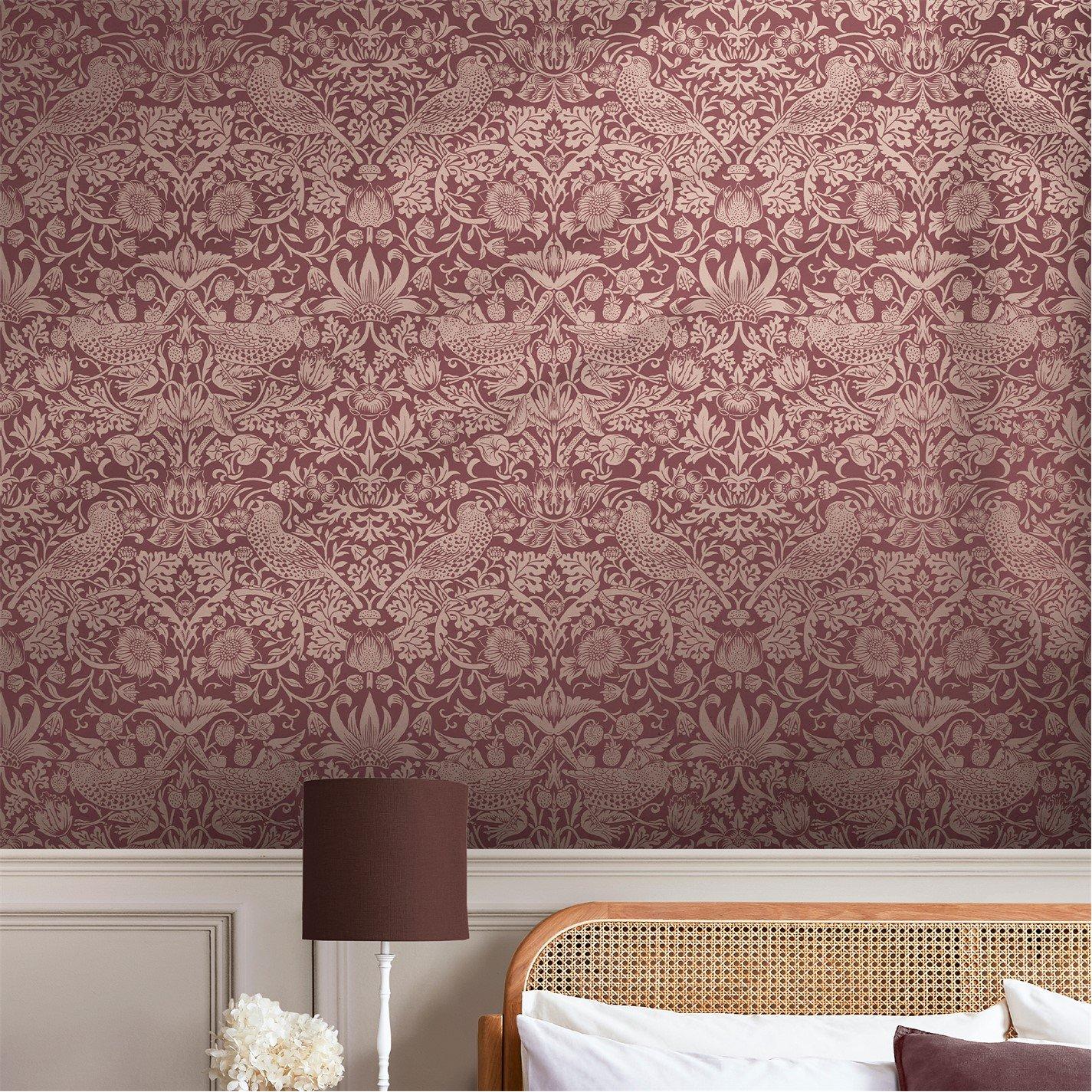 William Morris At Home  Strawberry Thief Fibrous Wallpaper Burgundy