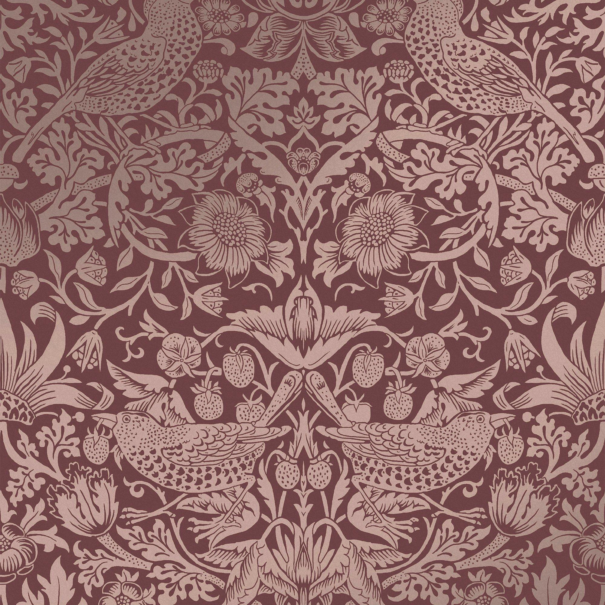 Burgundy - William Morris at Home - Strawberry Thief Fibrous Burgundy Wallpaper - 2
