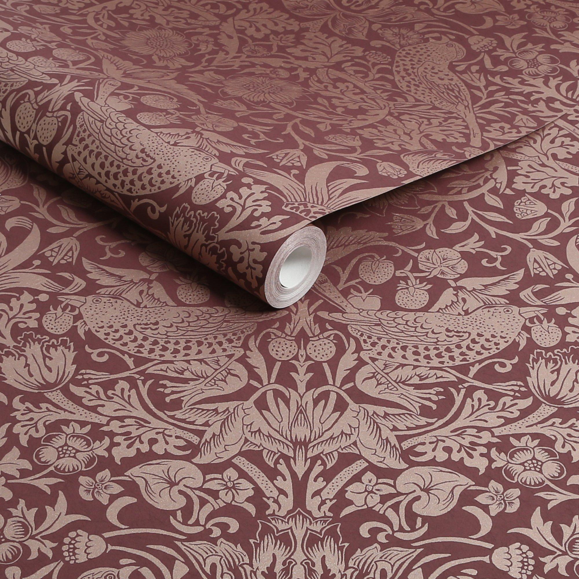 Burgundy - William Morris at Home - Strawberry Thief Fibrous Burgundy Wallpaper - 3