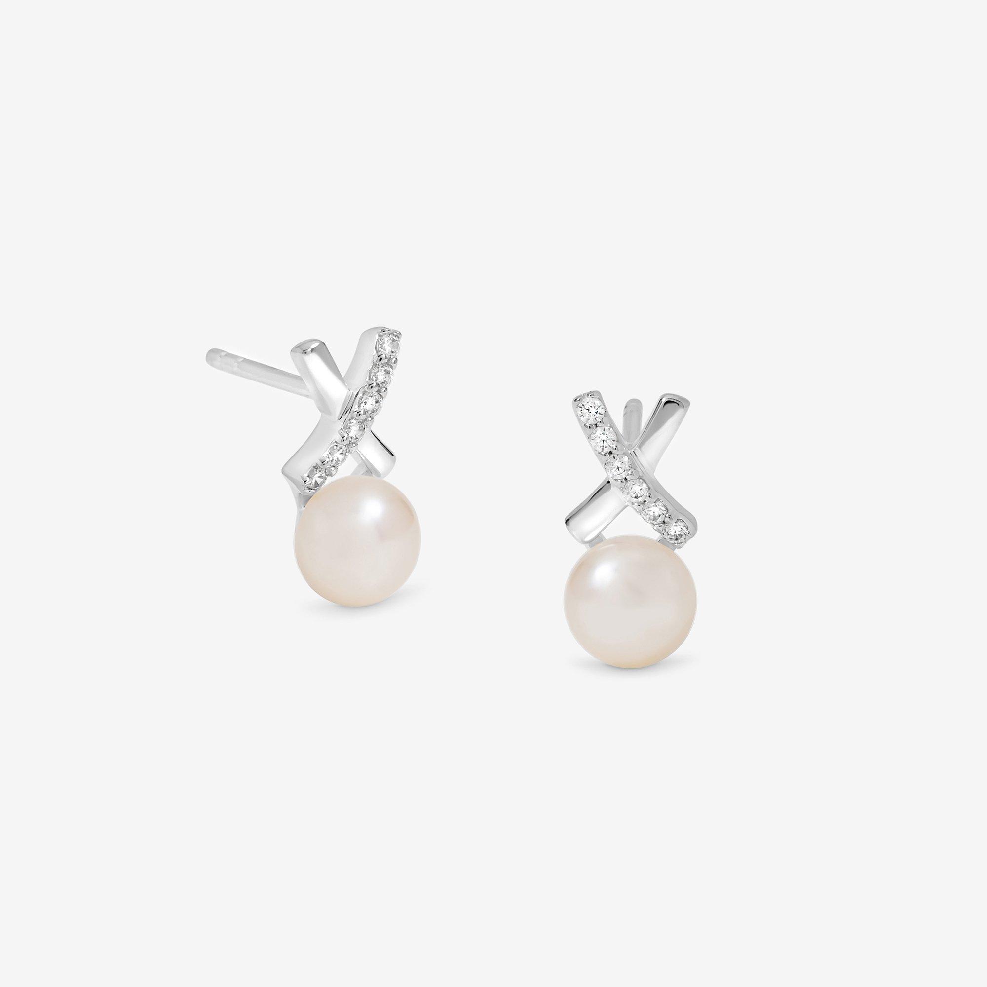 Silver - Simply Silver - Sterling Silver 925 Pave Kiss Pearl Stud Earrings - 1