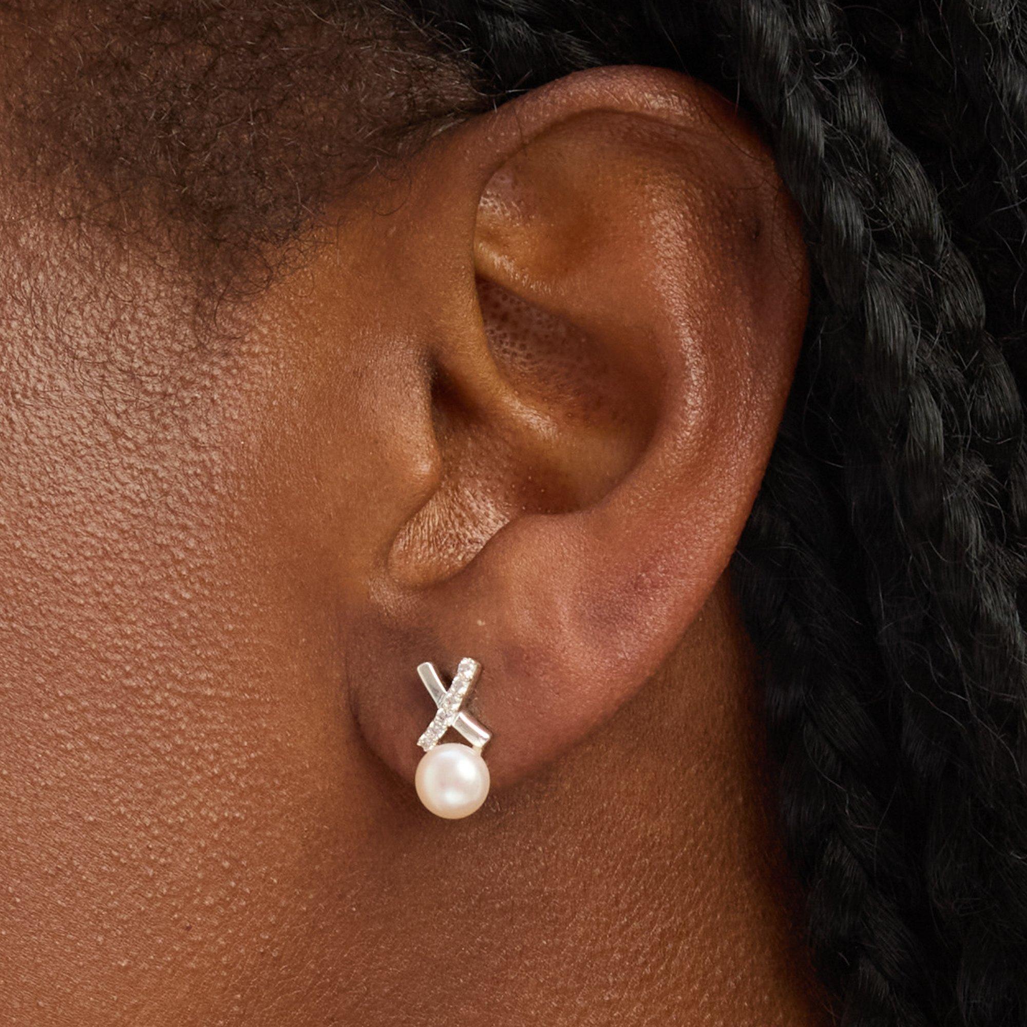 Silver - Simply Silver - Sterling Silver 925 Pave Kiss Pearl Stud Earrings - 2