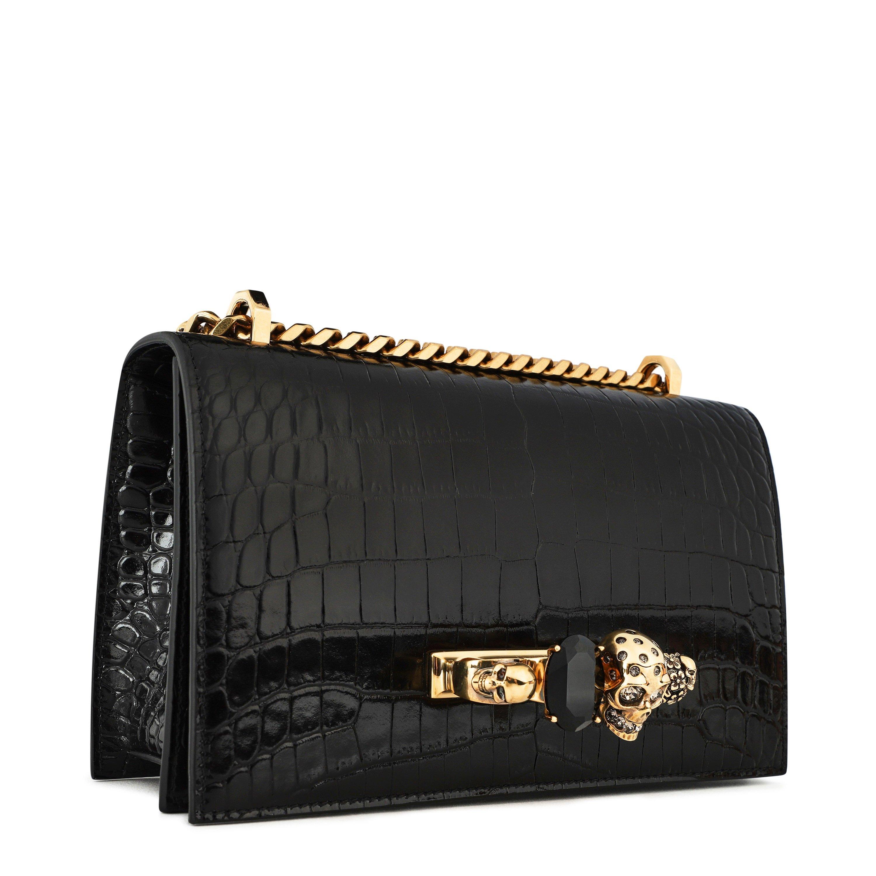 Blk/Gold 1001 - Alexander McQueen - Crocodile Effect Jewelled Satchel - 4