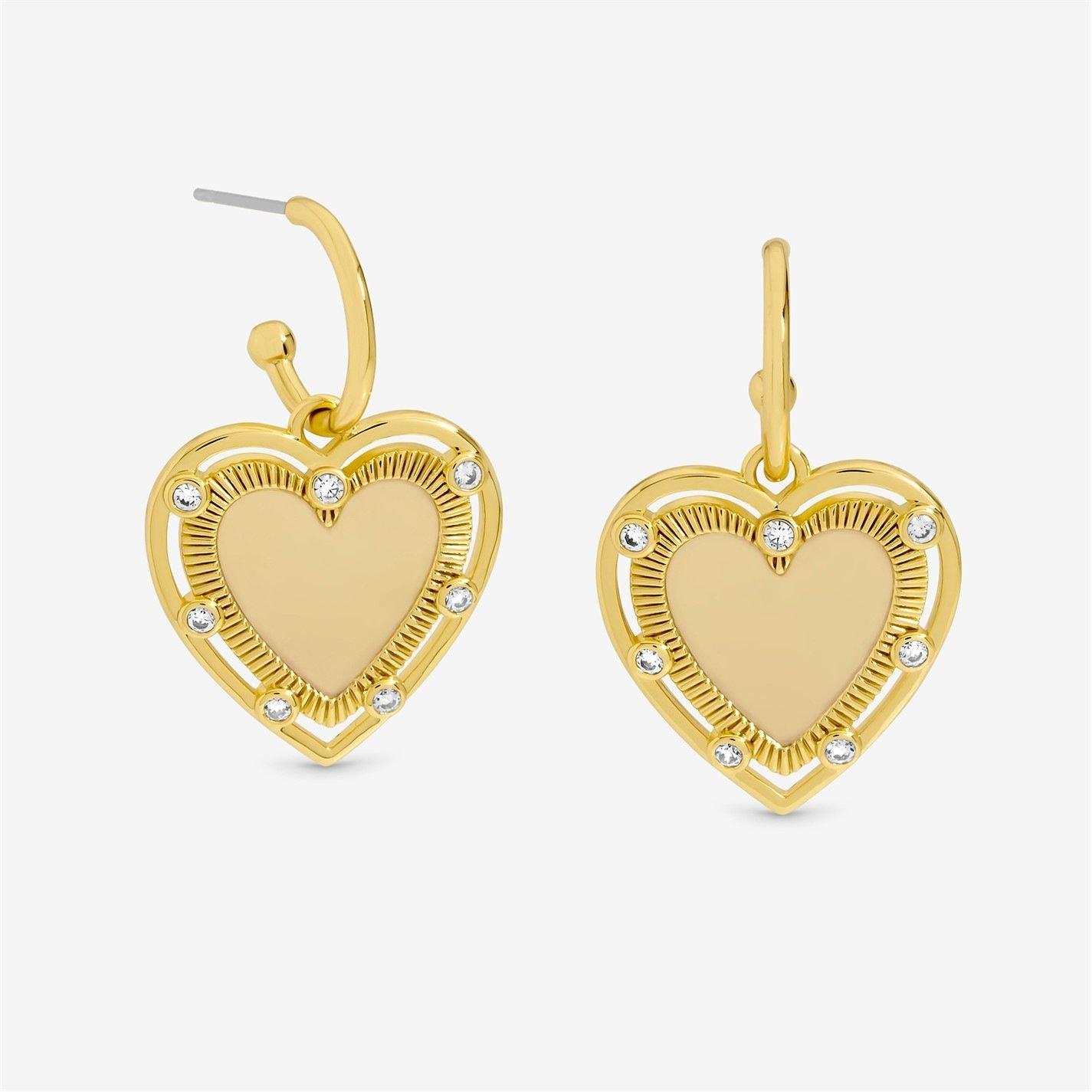 Gold - Inicio - 14K Gold Plated Textured Heart Charm Hoop Earrings - 1