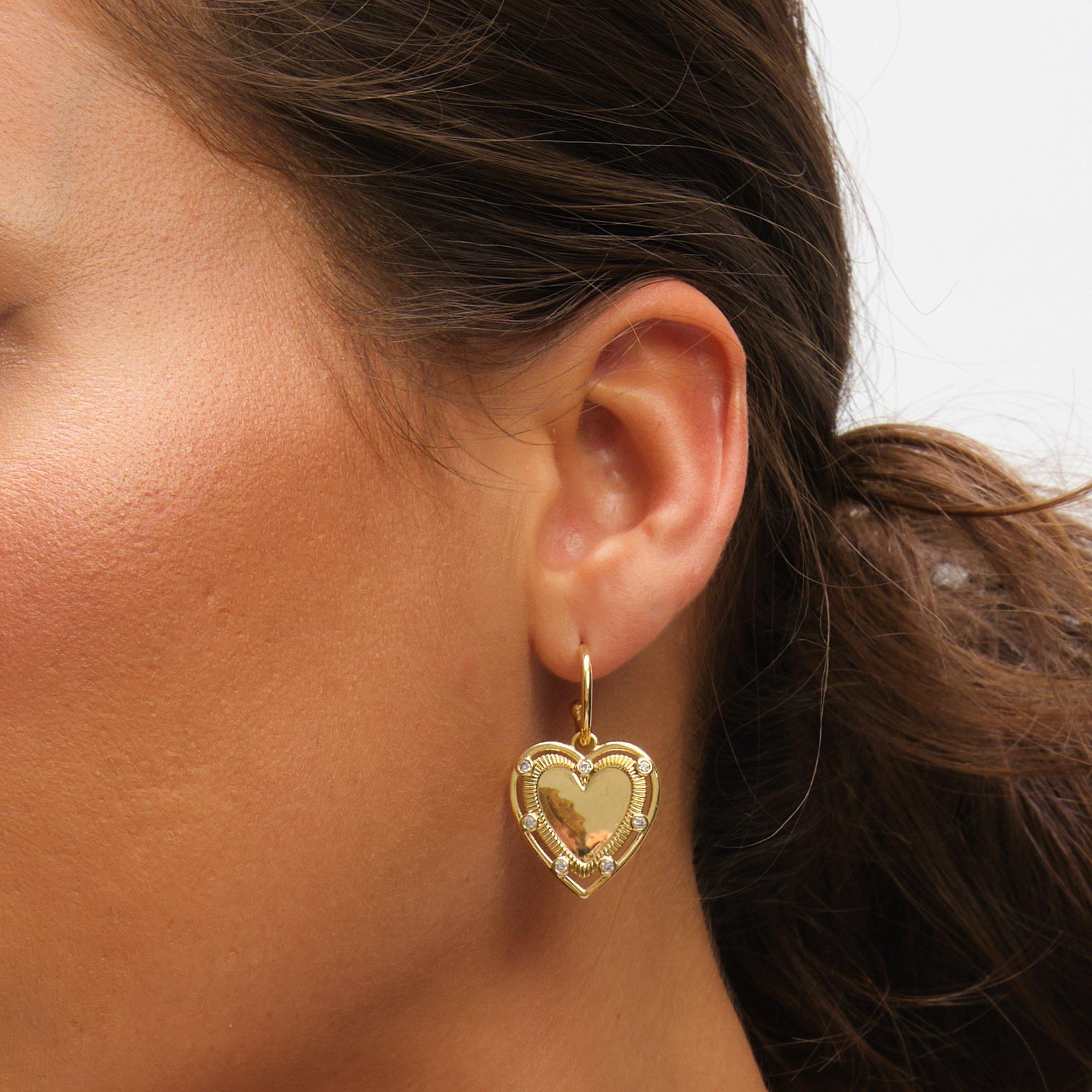 Gold - Inicio - 14K Gold Plated Textured Heart Charm Hoop Earrings - 2