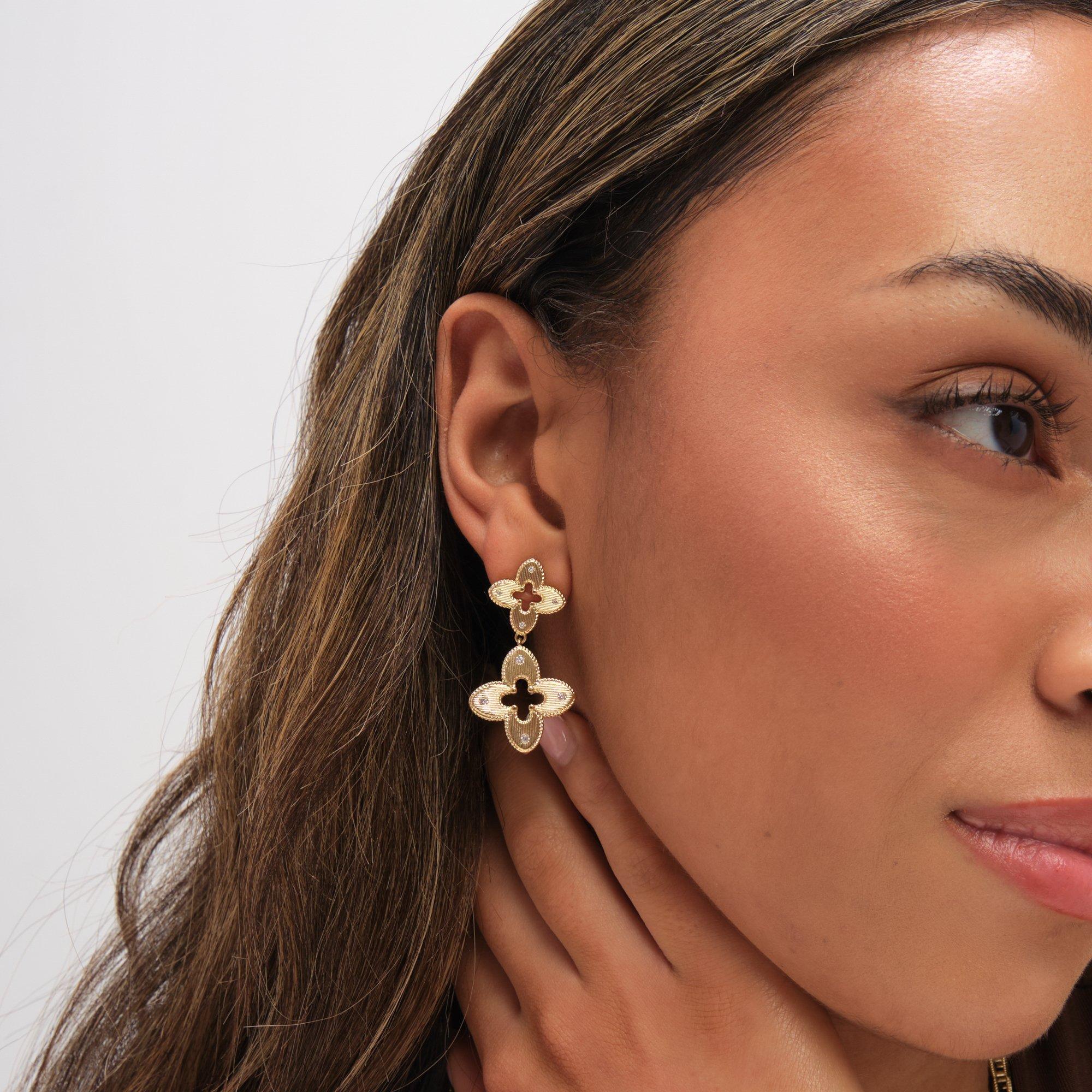 Gold - Jon Richard - Gold Plated Textured Crystal Clover Earrings - 2