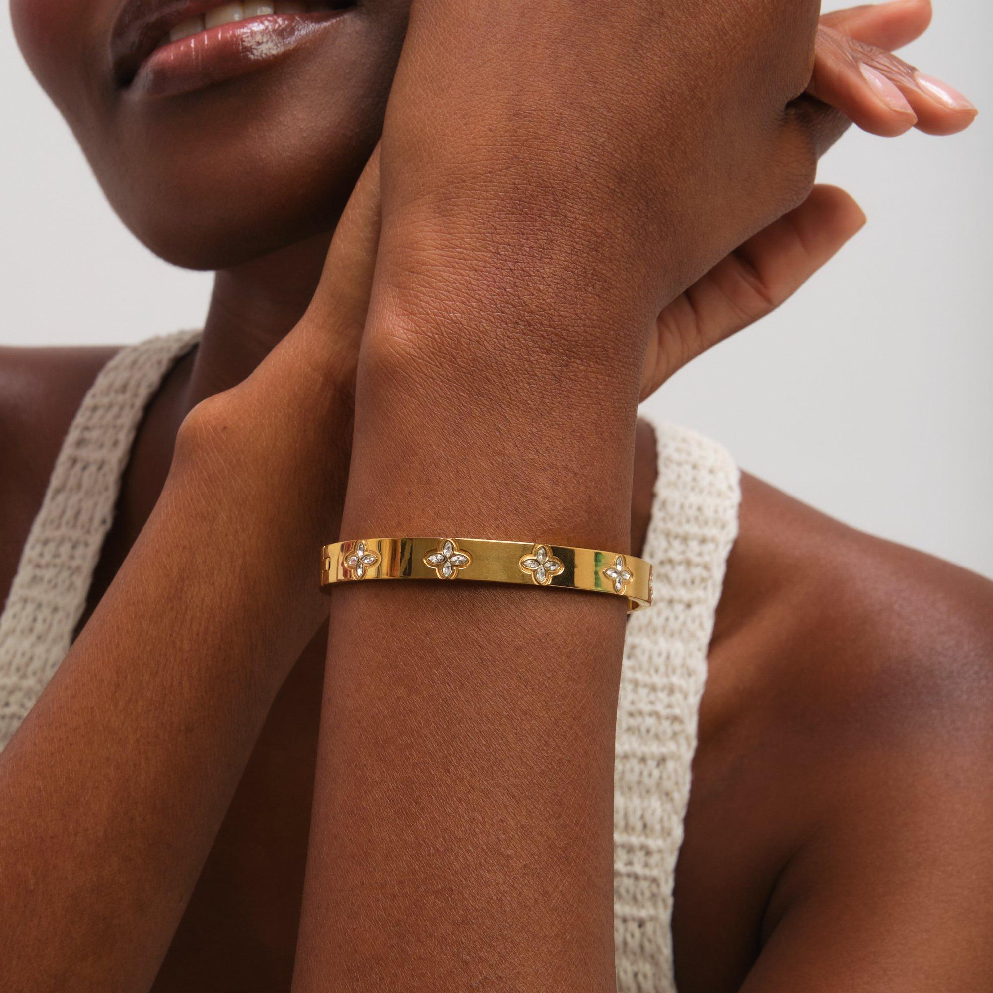 Gold - Jon Richard - Gold Plated Waterproof Crystal Clover Bangle - 2