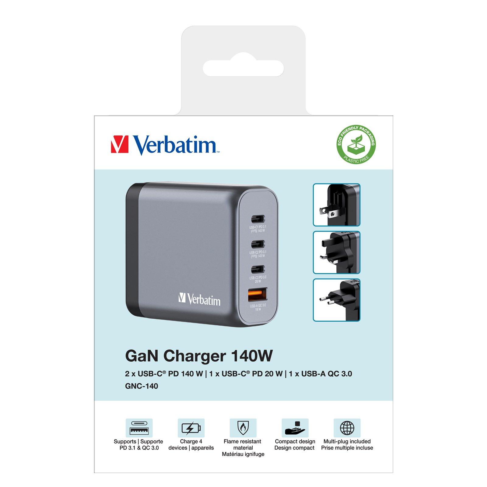 Verbatim 140W 4-Port GaN Wall Charger 2 x USB-C® PD 140W / 1 x USB-C® PD 20W / 1 x USB-A QC 3.0 (EU/UK/US)