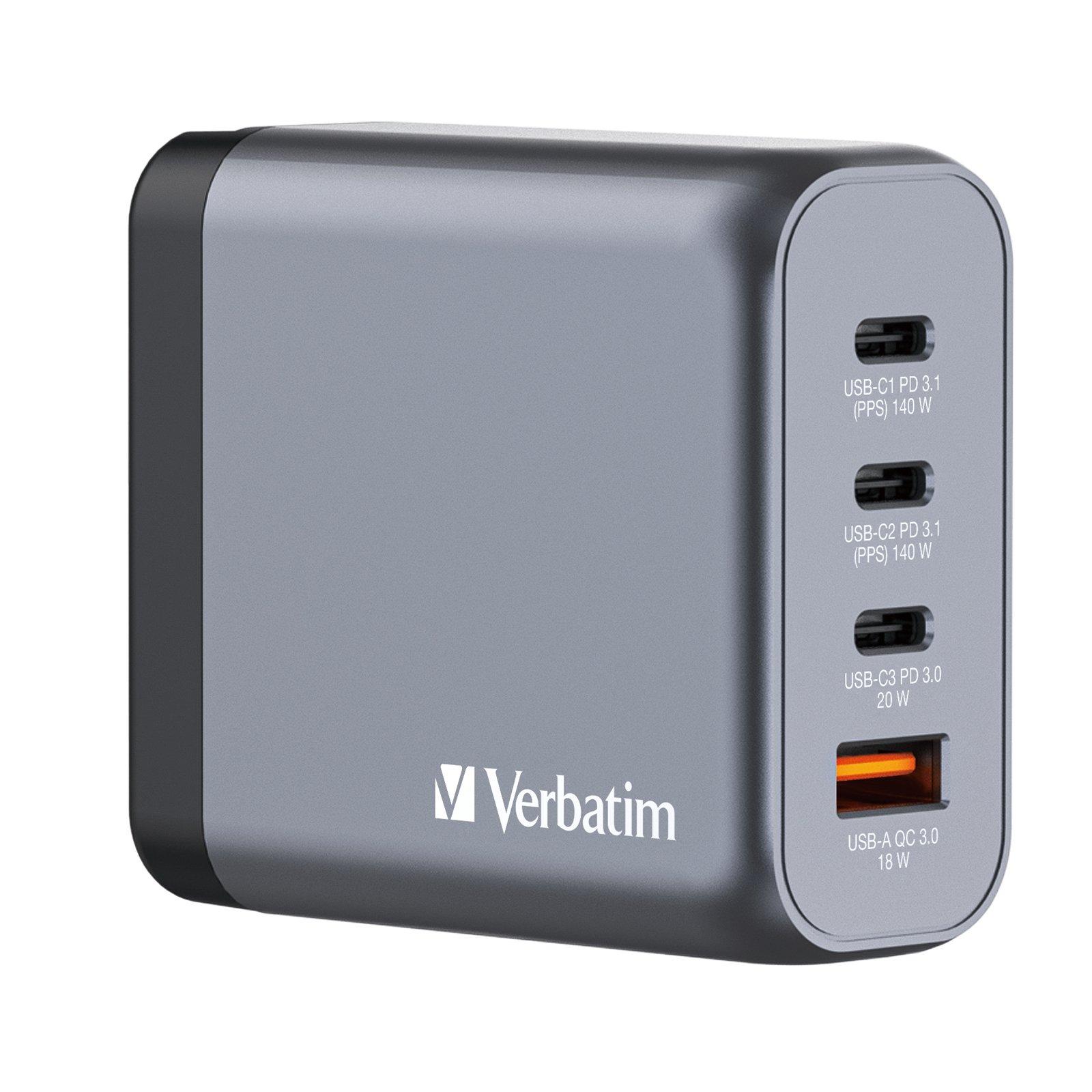 White - Verbatim - 140W 4-Port GaN Wall Charger 2 x USB-C® PD 140W / 1 x USB-C® PD 20W / 1 x USB-A QC 3.0 (EU/UK/US) - 3
