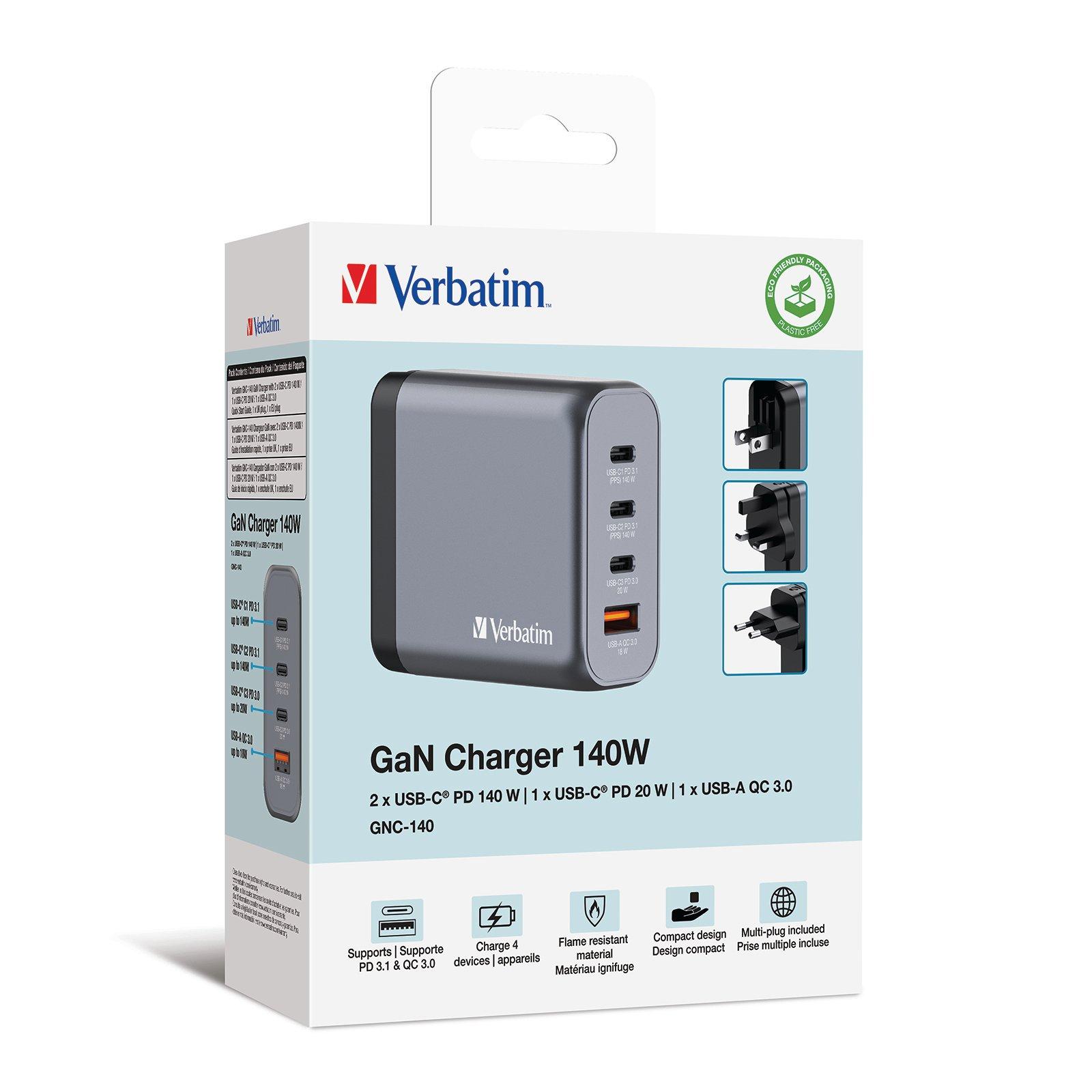 White - Verbatim - 140W 4-Port GaN Wall Charger 2 x USB-C® PD 140W / 1 x USB-C® PD 20W / 1 x USB-A QC 3.0 (EU/UK/US) - 8