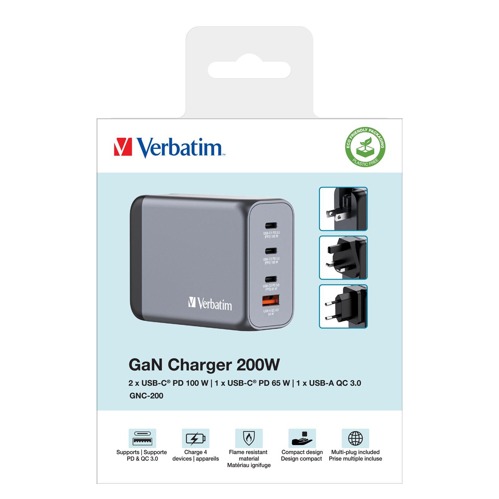 Verbatim 200W 4-Port GaN Wall Charger 2 x USB-C® PD 100W / 1 x USB-C® PD 65W / 1 x USB QC 3.0 (EU/UK/US)