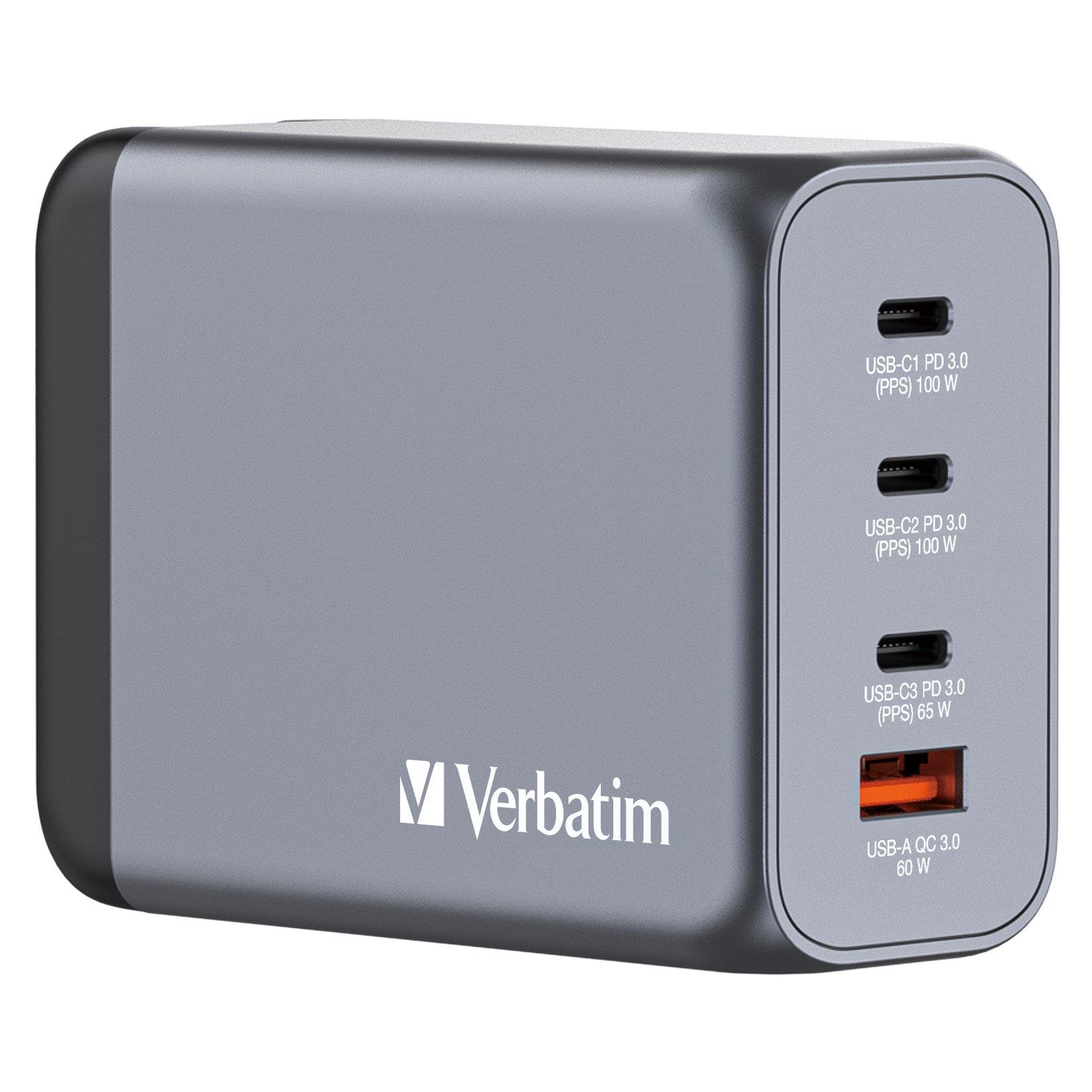 White - Verbatim - 200W 4-Port GaN Wall Charger 2 x USB-C® PD 100W / 1 x USB-C® PD 65W / 1 x USB QC 3.0 (EU/UK/US) - 3